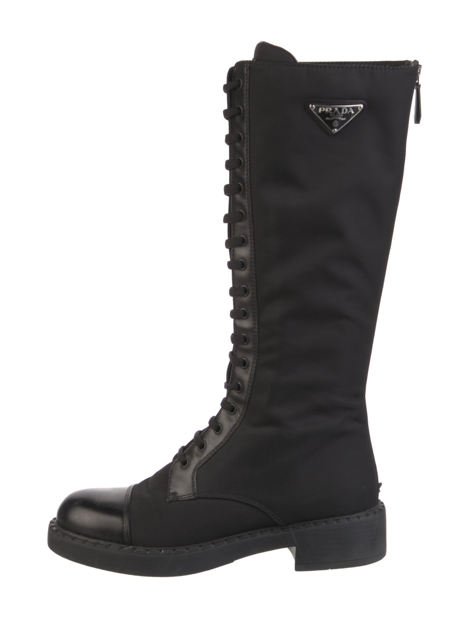 Prada Enameled Metal Triangle Nylon Combat Boots
