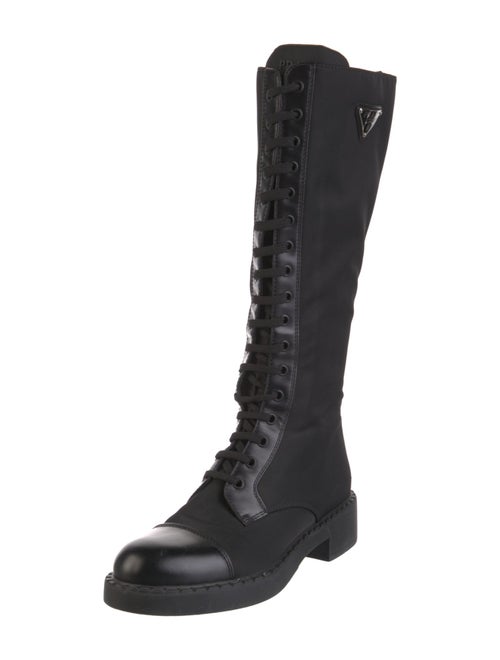 Prada Enameled Metal Triangle Nylon Combat Boots
