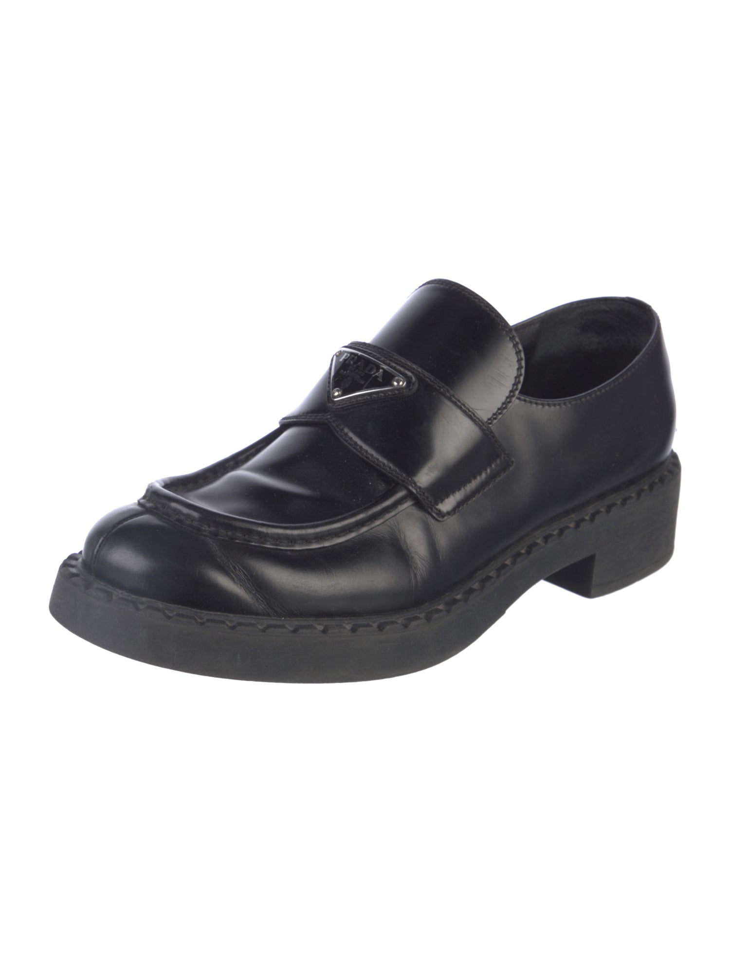 Prada Enameled Metal Triangle Leather Loafers