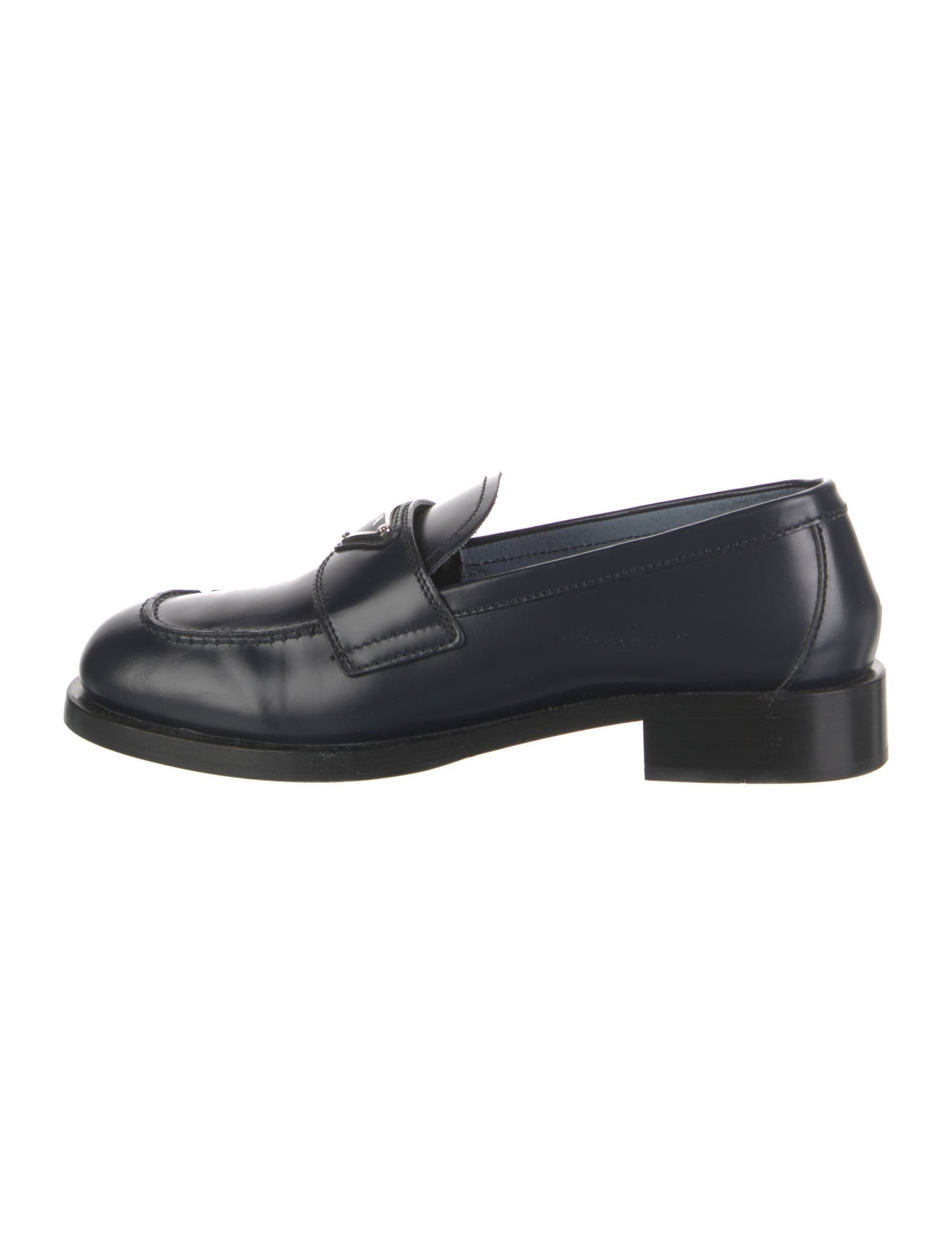 Prada Enameled Metal Triangle Leather Loafers