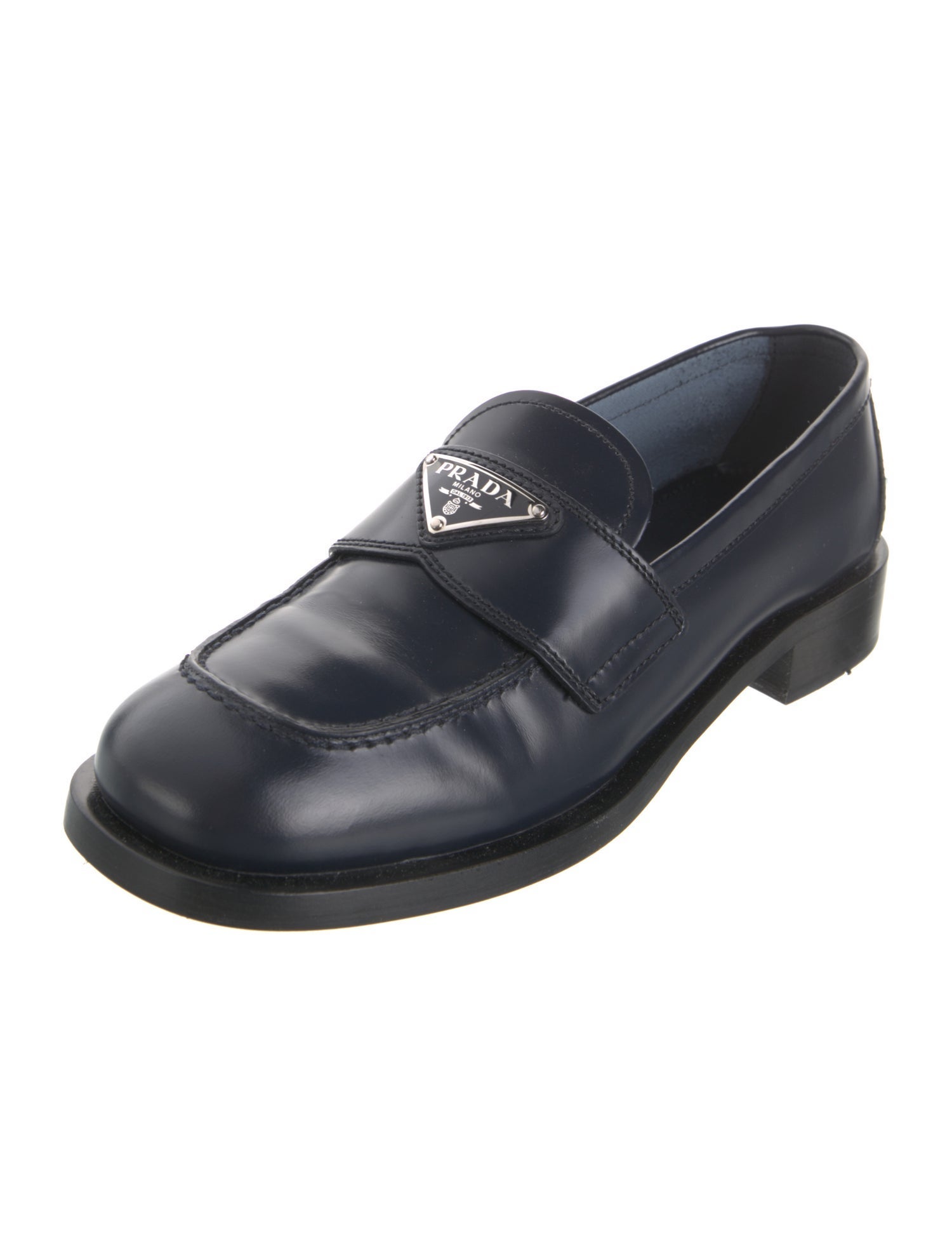 Prada Enameled Metal Triangle Leather Loafers