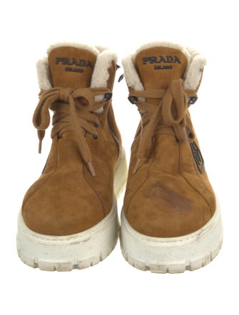Prada Enameled Metal Triangle Suede Lace-Up Boots