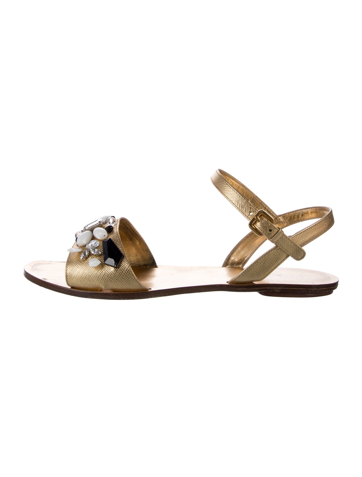 Prada Saffiano Leather Crystal Embellishments Sandals