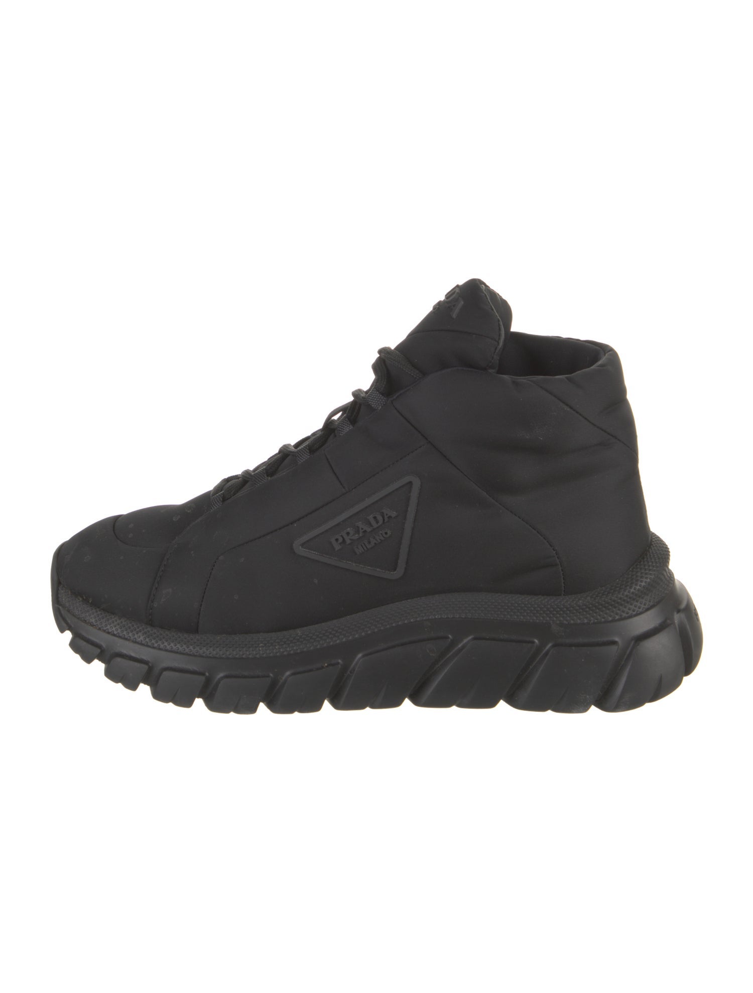 Prada Enameled Metal Triangle Nylon Wedge Sneakers