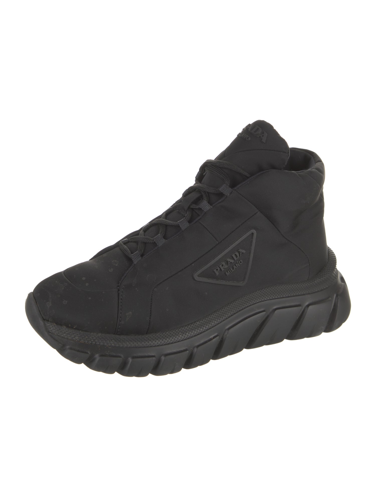 Prada Enameled Metal Triangle Nylon Wedge Sneakers