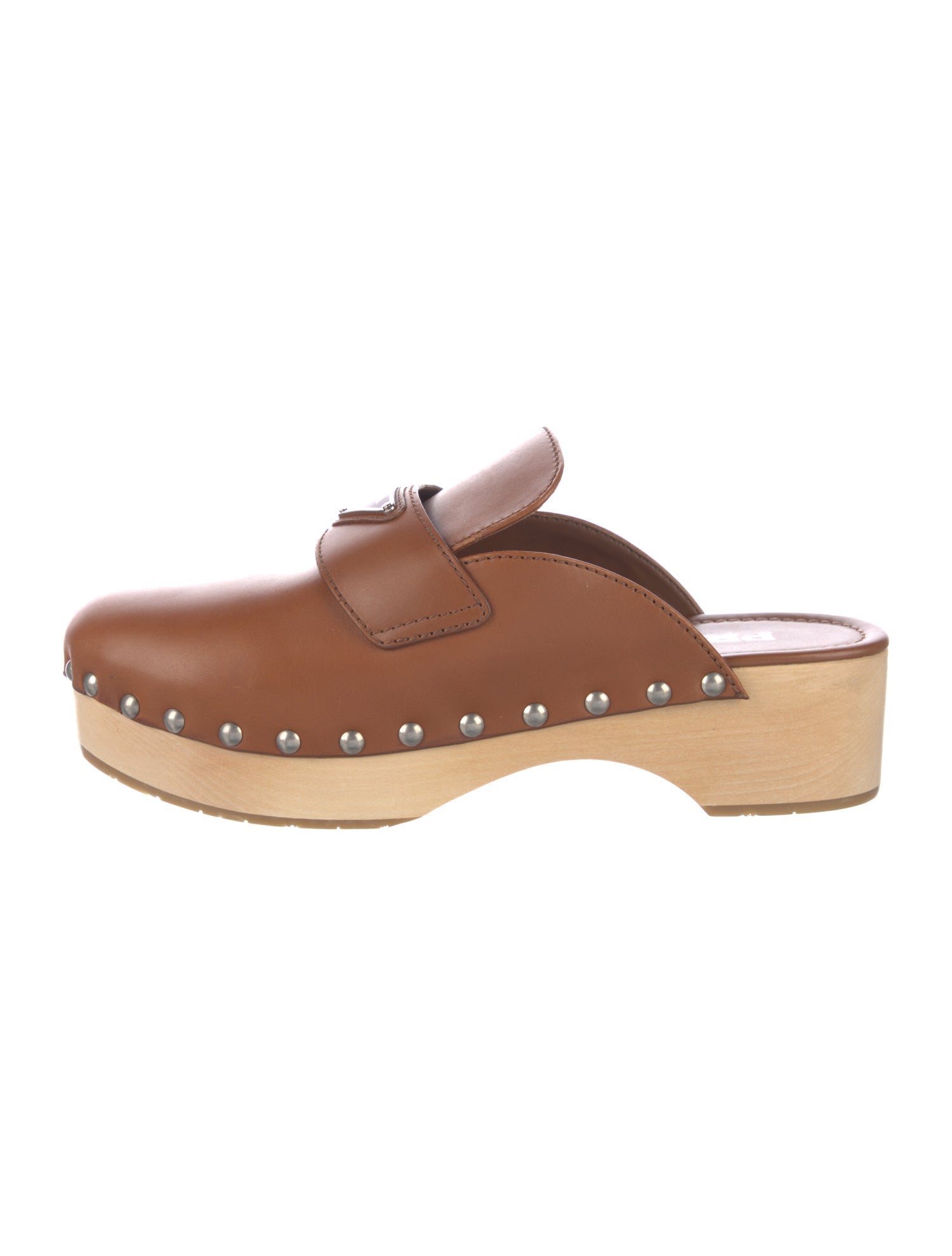 Prada Enameled Metal Triangle Leather Mules