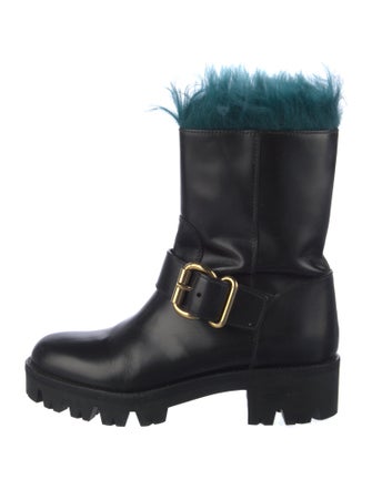 Prada Leather Fur Trim Moto Boots