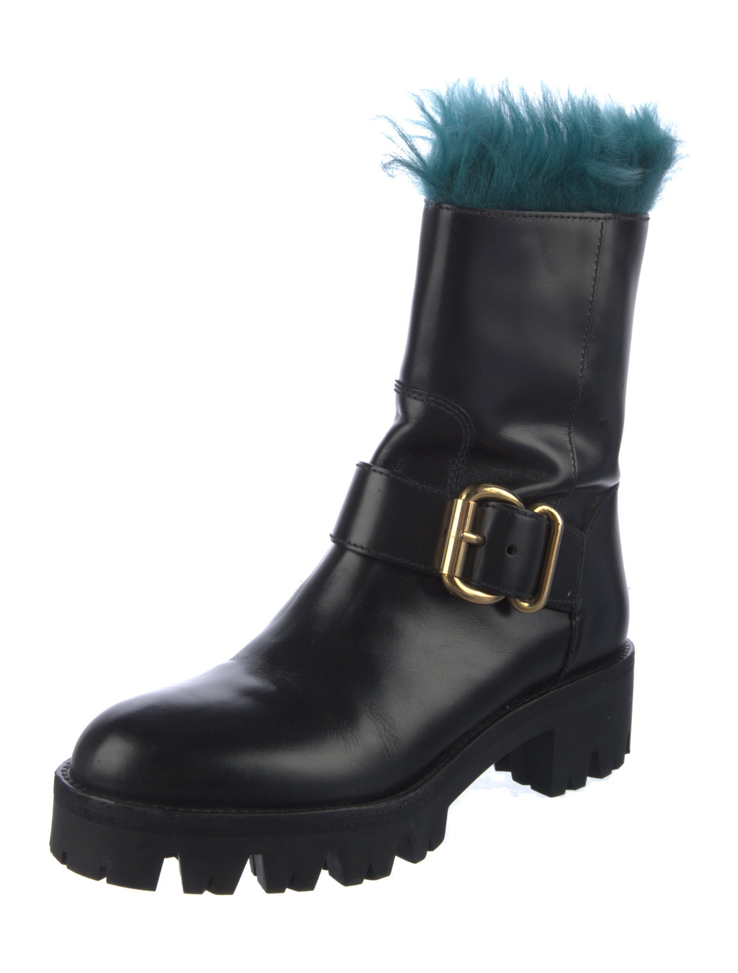 Prada Leather Fur Trim Moto Boots