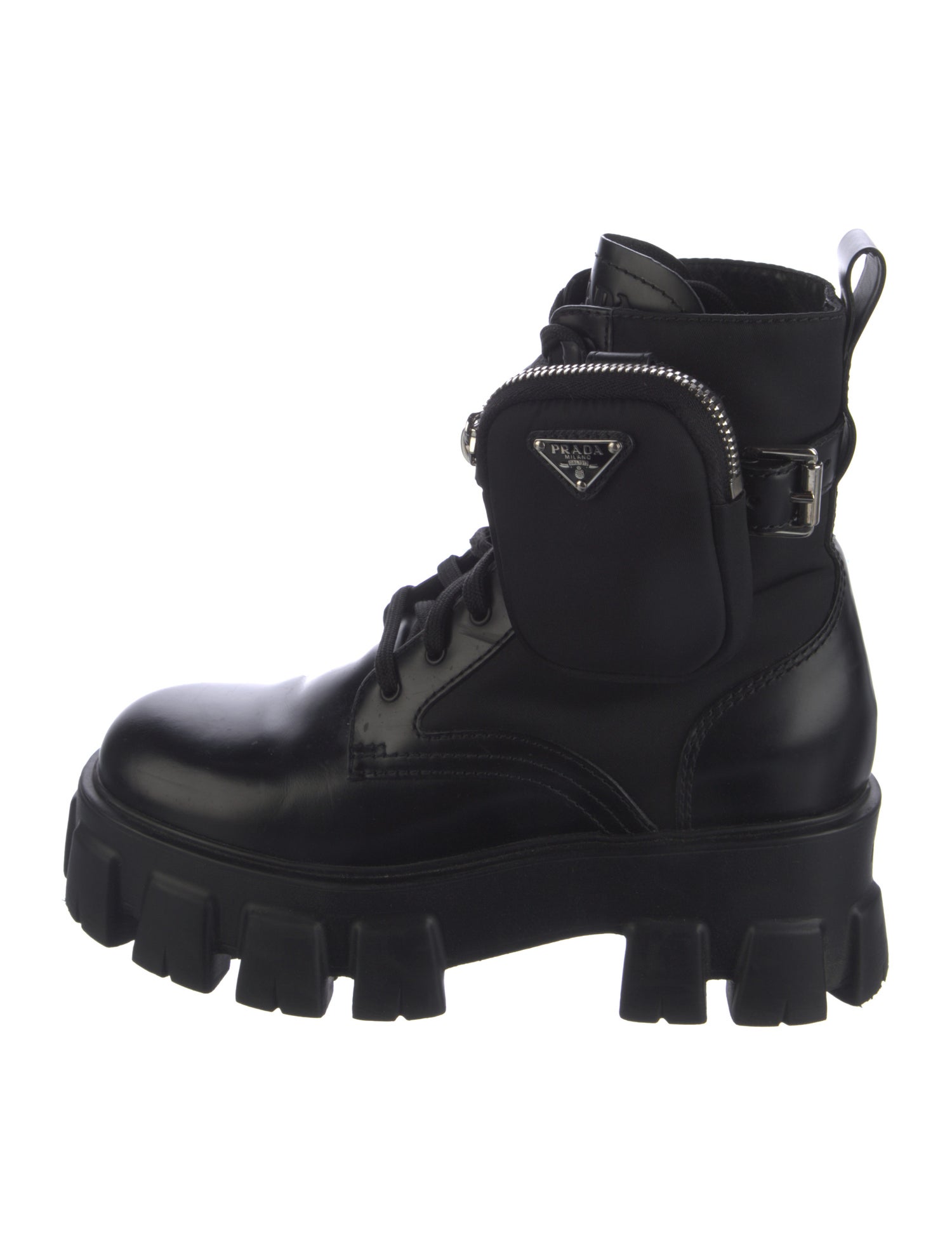 Prada Enameled Metal Triangle Leather Combat Boots