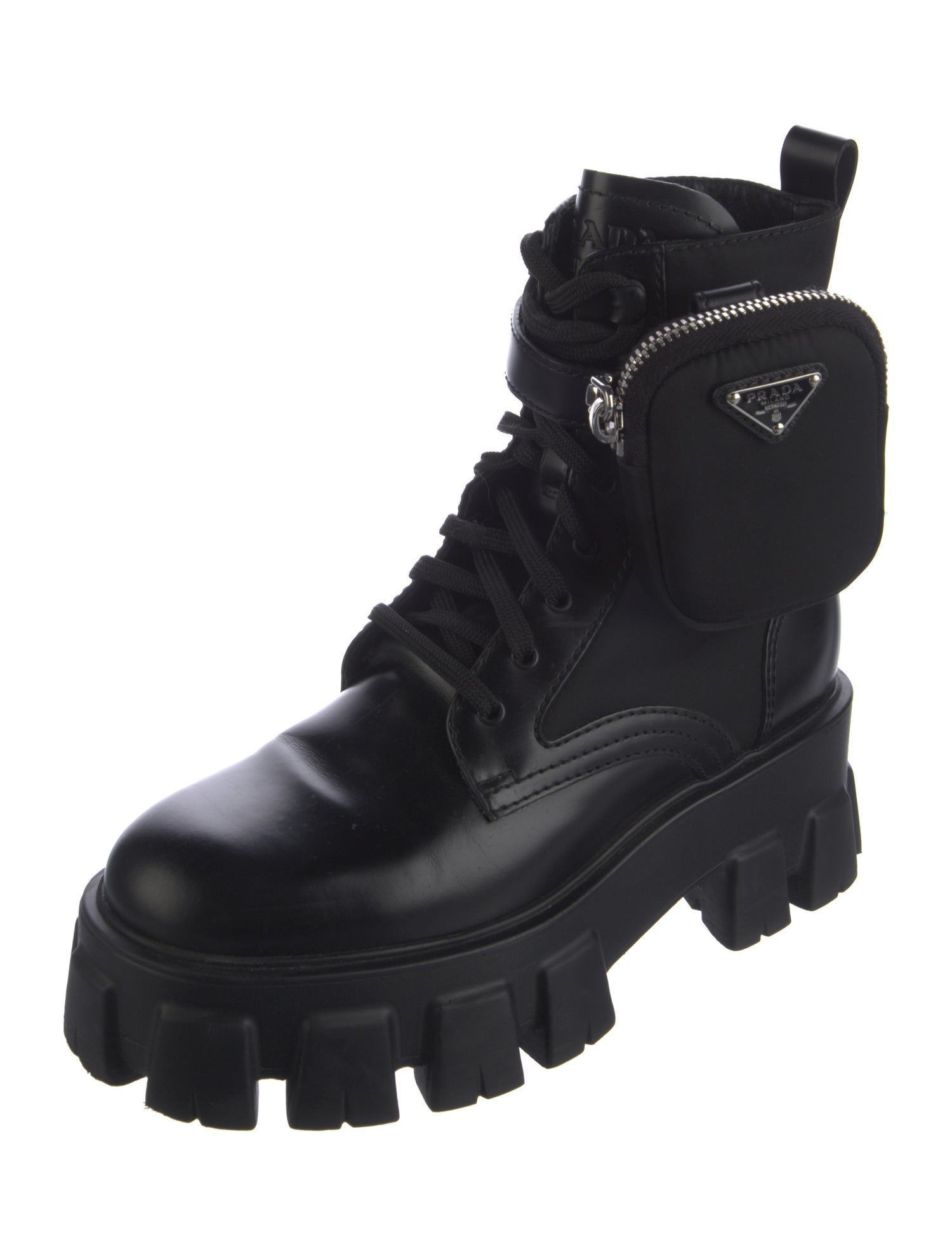 Prada Enameled Metal Triangle Leather Combat Boots