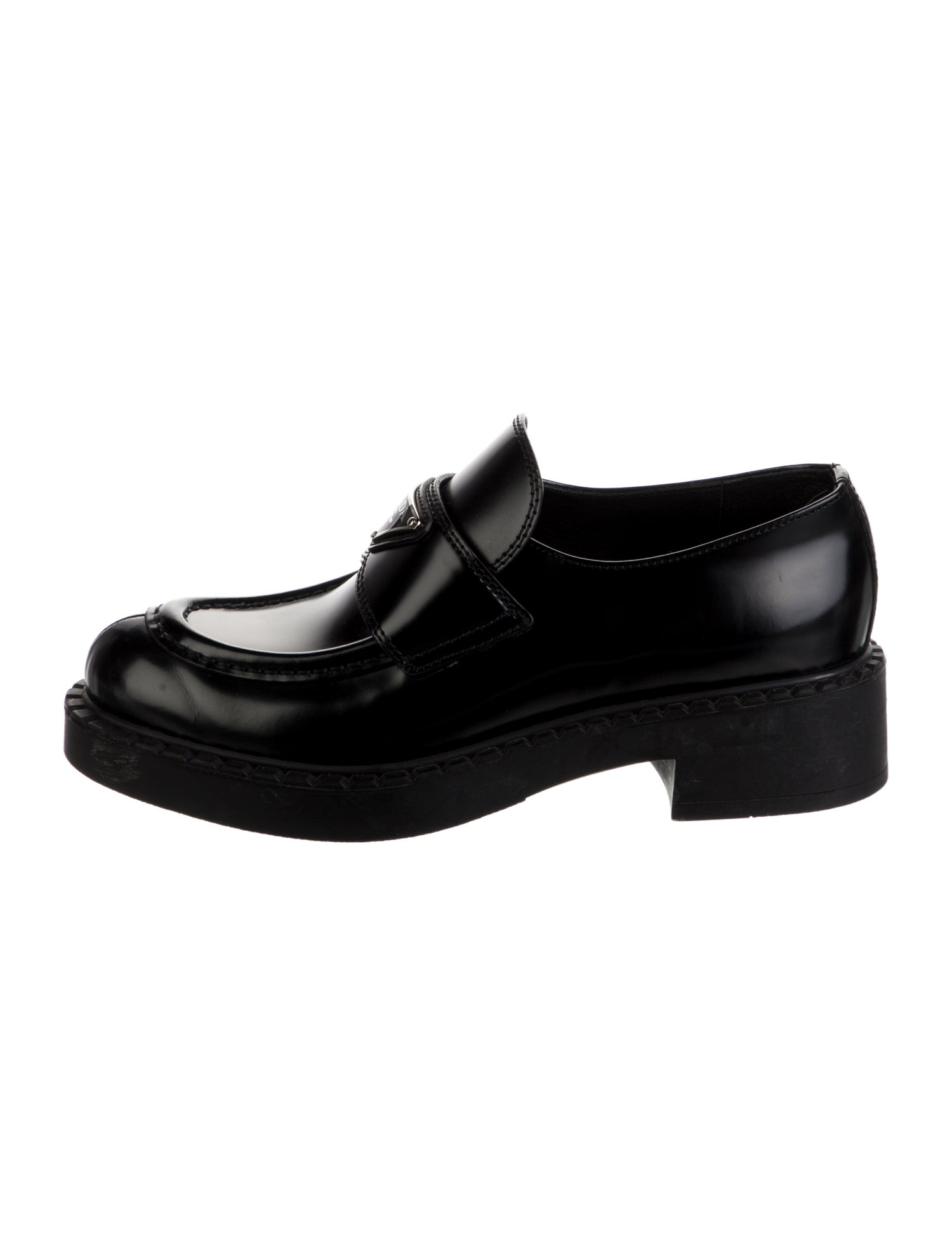 Prada Enameled Metal Triangle Leather Loafers