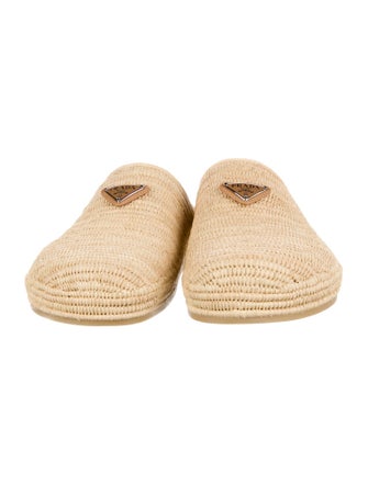 Prada Enameled Metal Triangle Raffia Mules