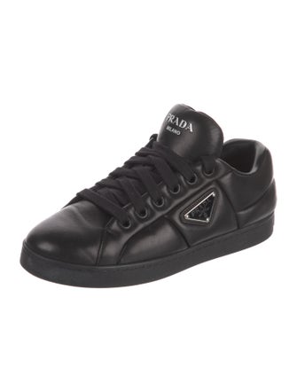 Prada Enameled Metal Triangle Leather Sneakers