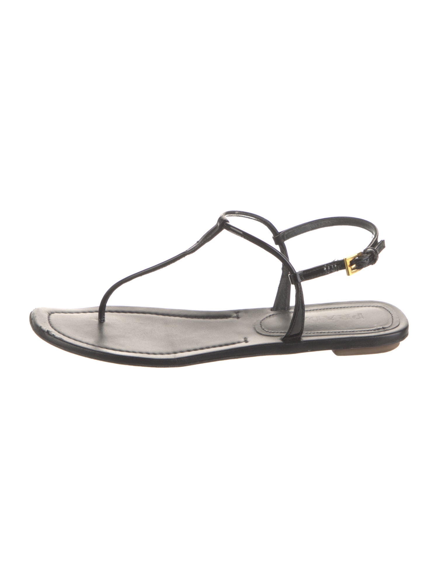Prada Patent Leather Leather Trim Embellishment T-Strap Sandals