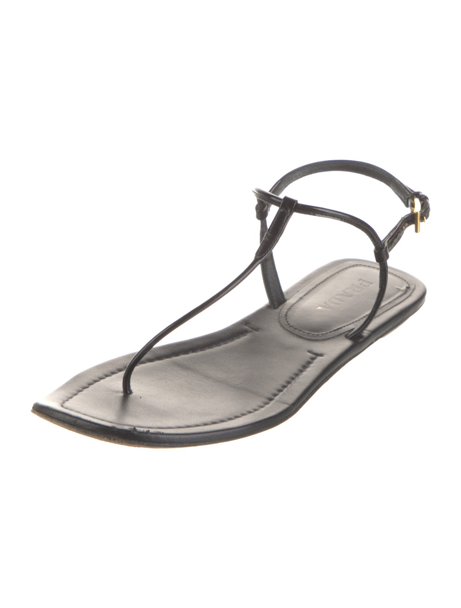 Prada Patent Leather Leather Trim Embellishment T-Strap Sandals