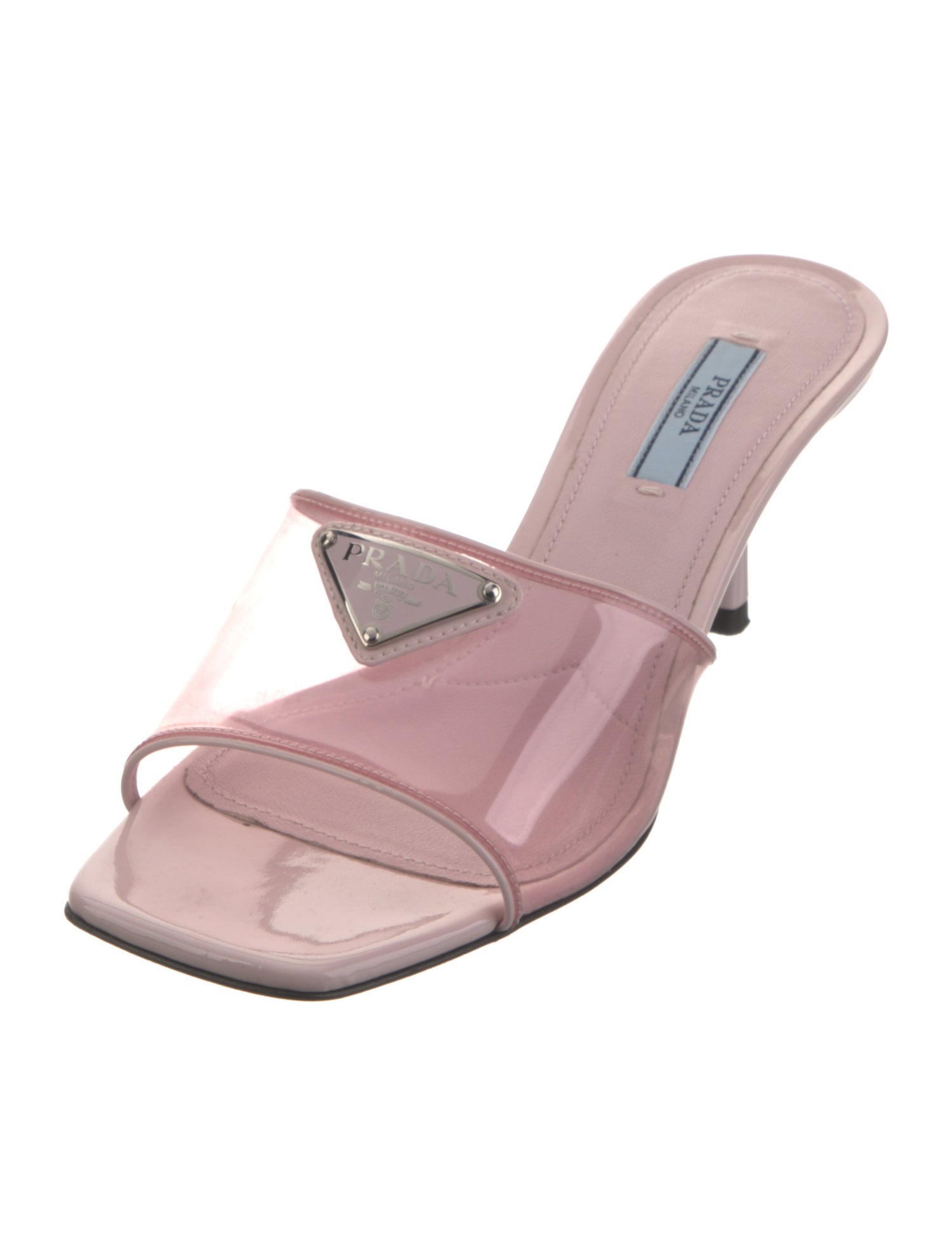 Prada Enameled Metal Triangle PVC Slides