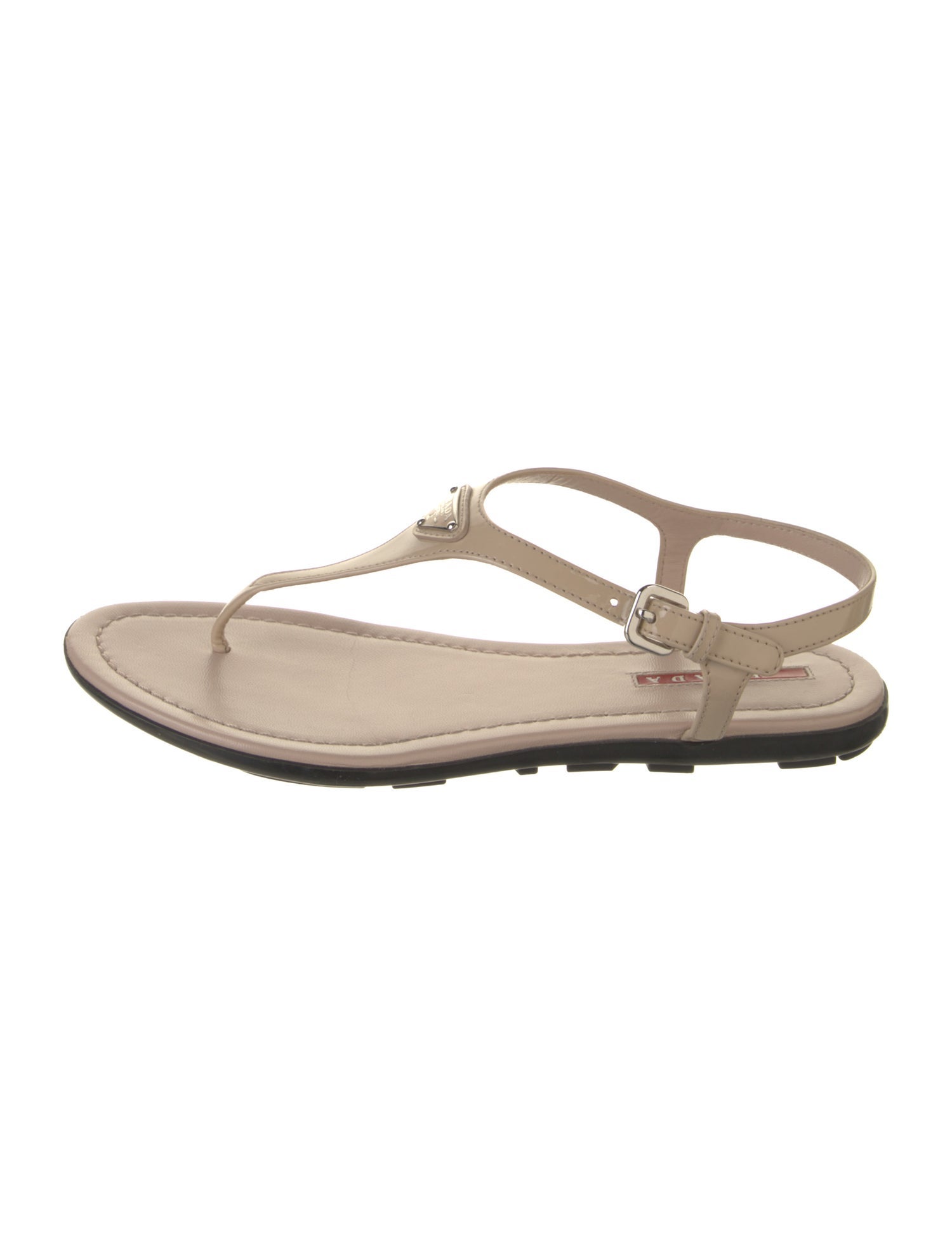 Prada Enameled Metal Triangle Patent Leather T-Strap Sandals