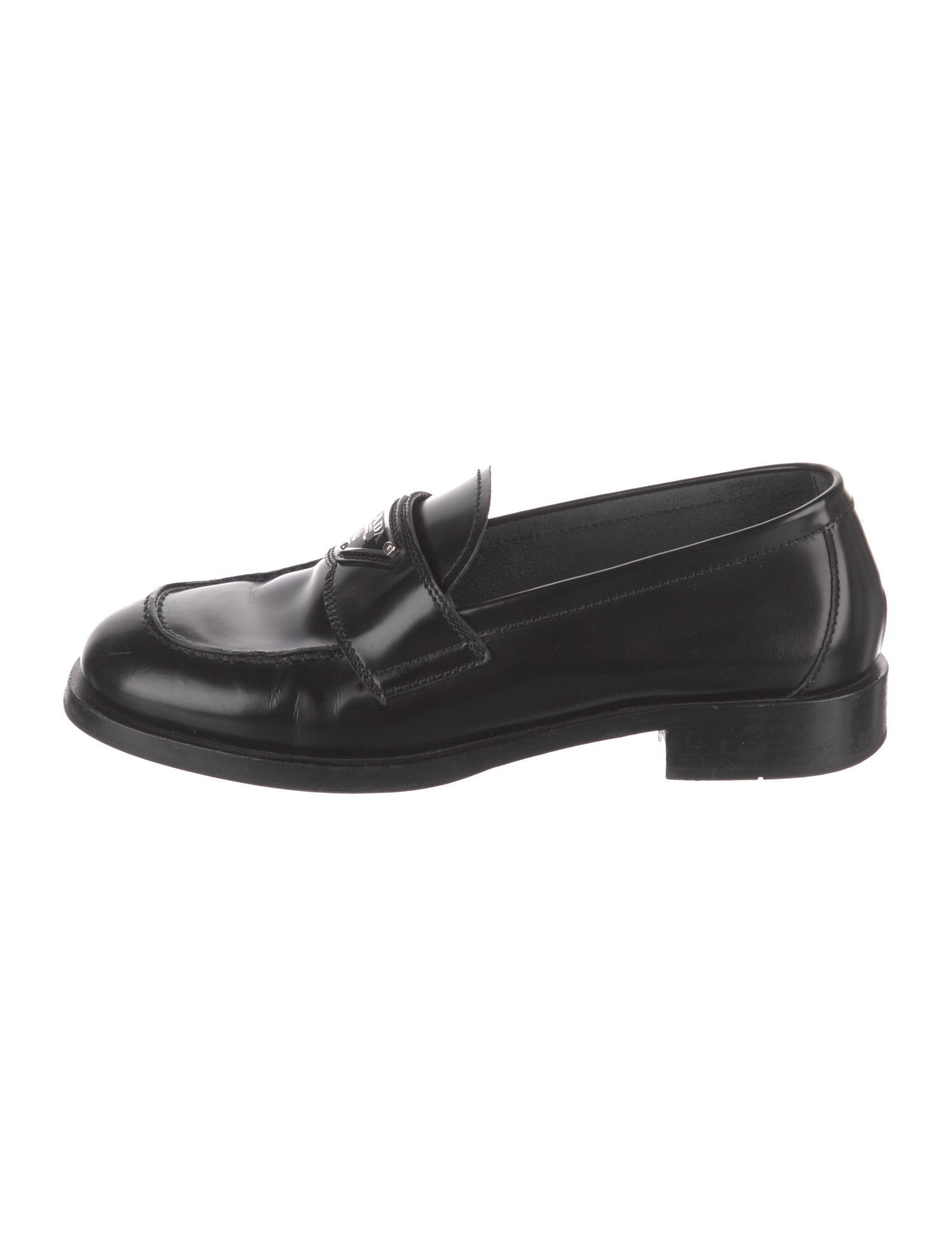 Prada Enameled Metal Triangle Leather Loafers