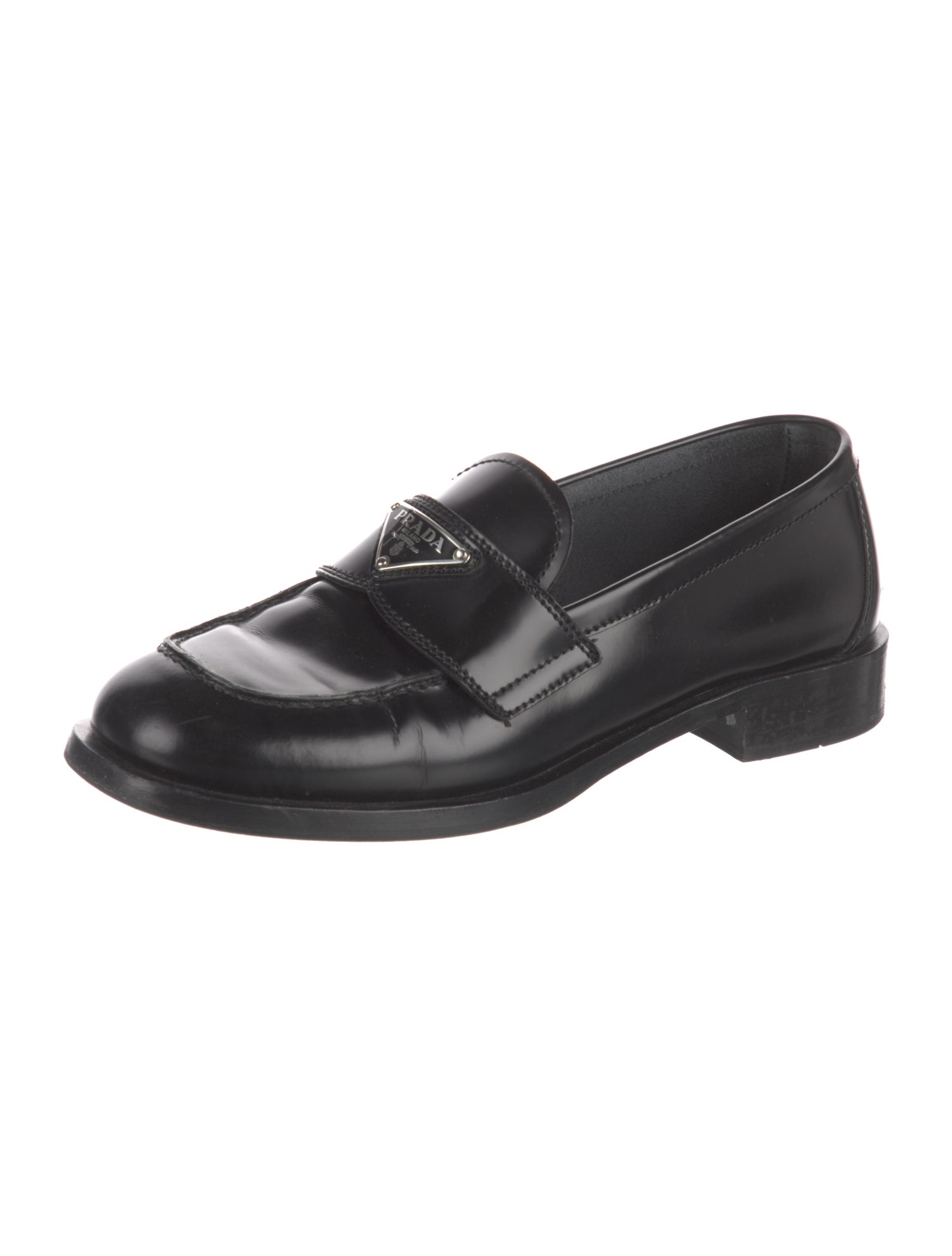 Prada Enameled Metal Triangle Leather Loafers