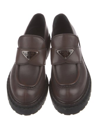 Prada Enameled Metal Triangle Leather Loafers