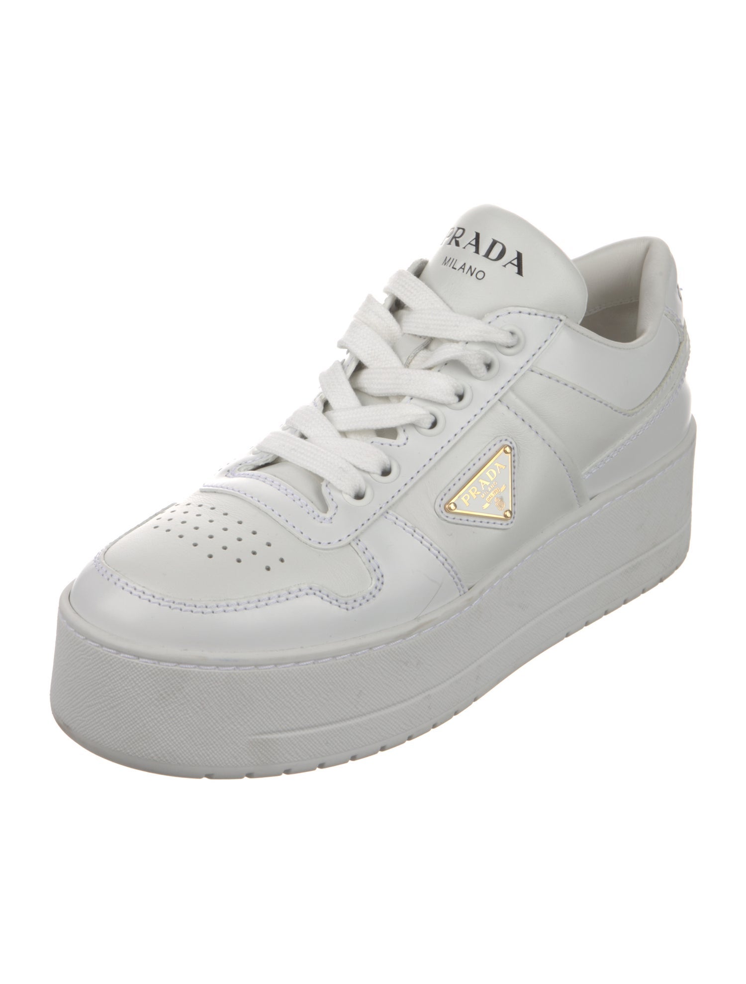 Prada Enameled Metal Triangle Leather Sneakers