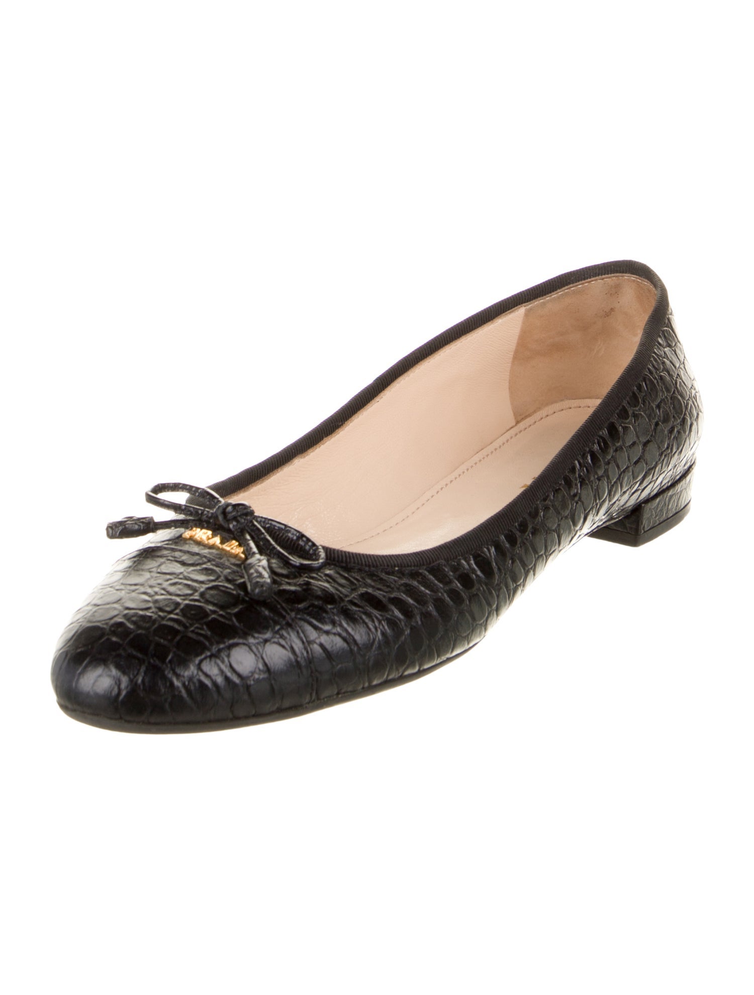 Prada Embossed Leather Bow Accents Ballet Flats