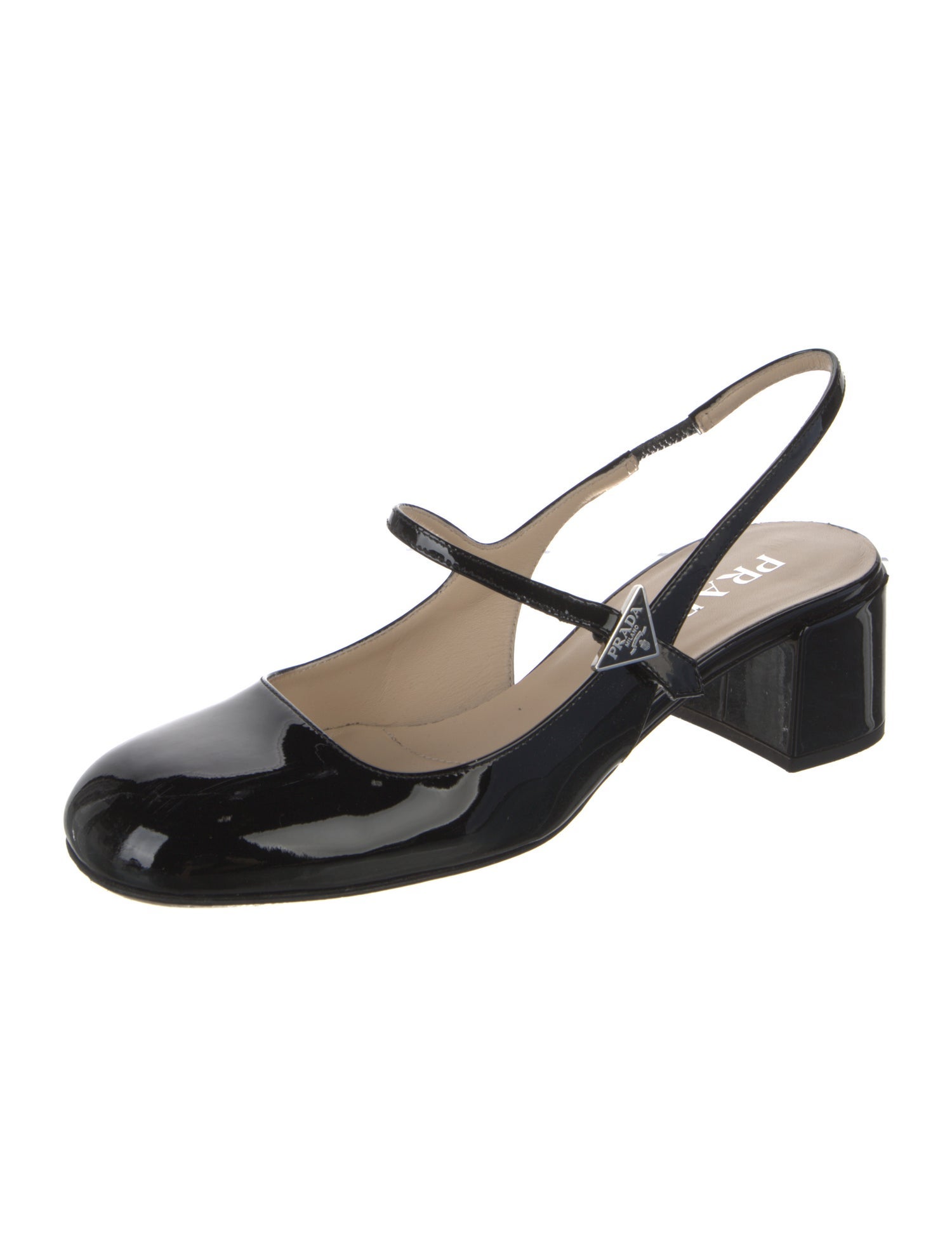 Prada Enameled Metal Triangle Patent Leather Slingback Pumps