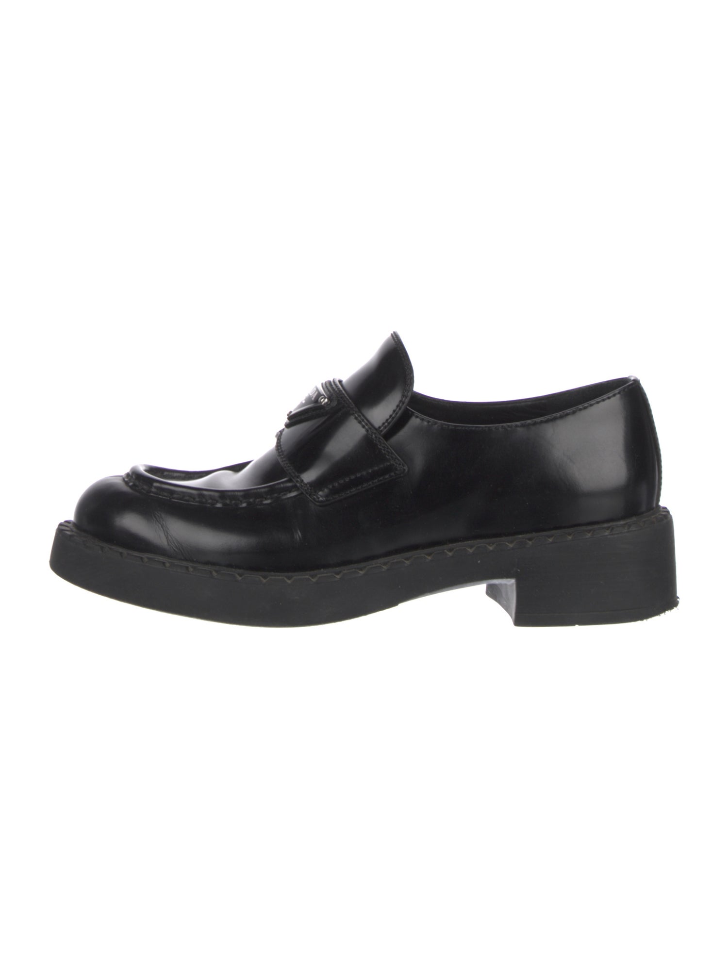 Prada Enameled Metal Triangle Leather Loafers