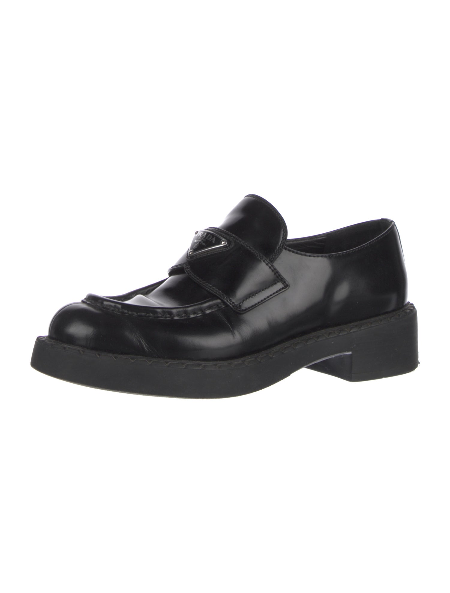 Prada Enameled Metal Triangle Leather Loafers