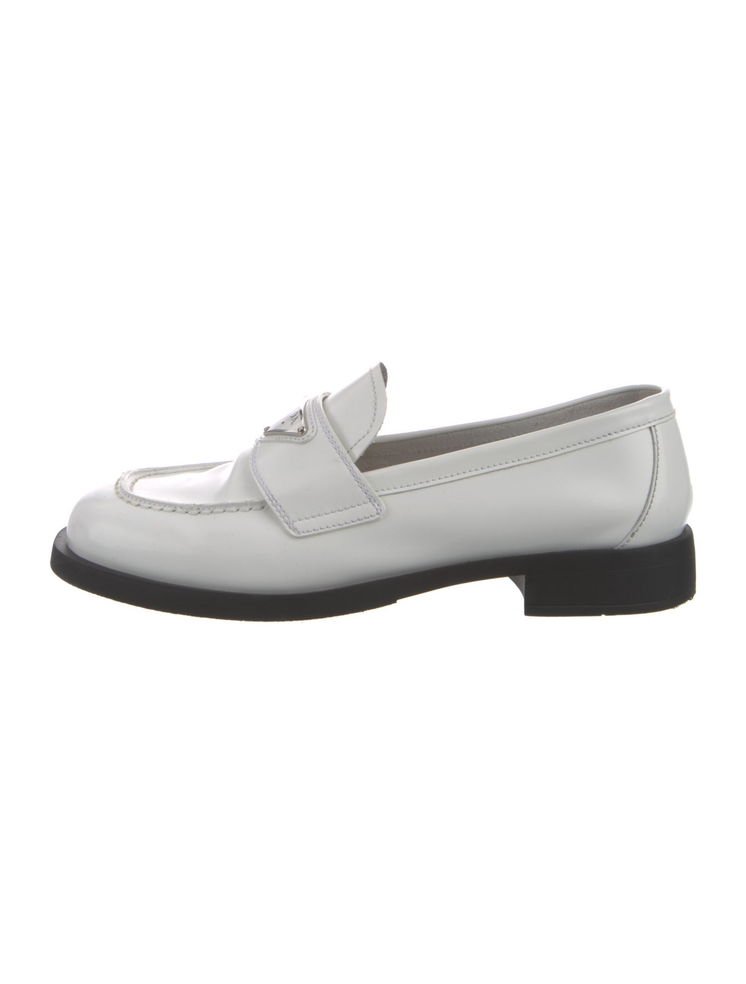 Prada Enameled Metal Triangle Leather Loafers