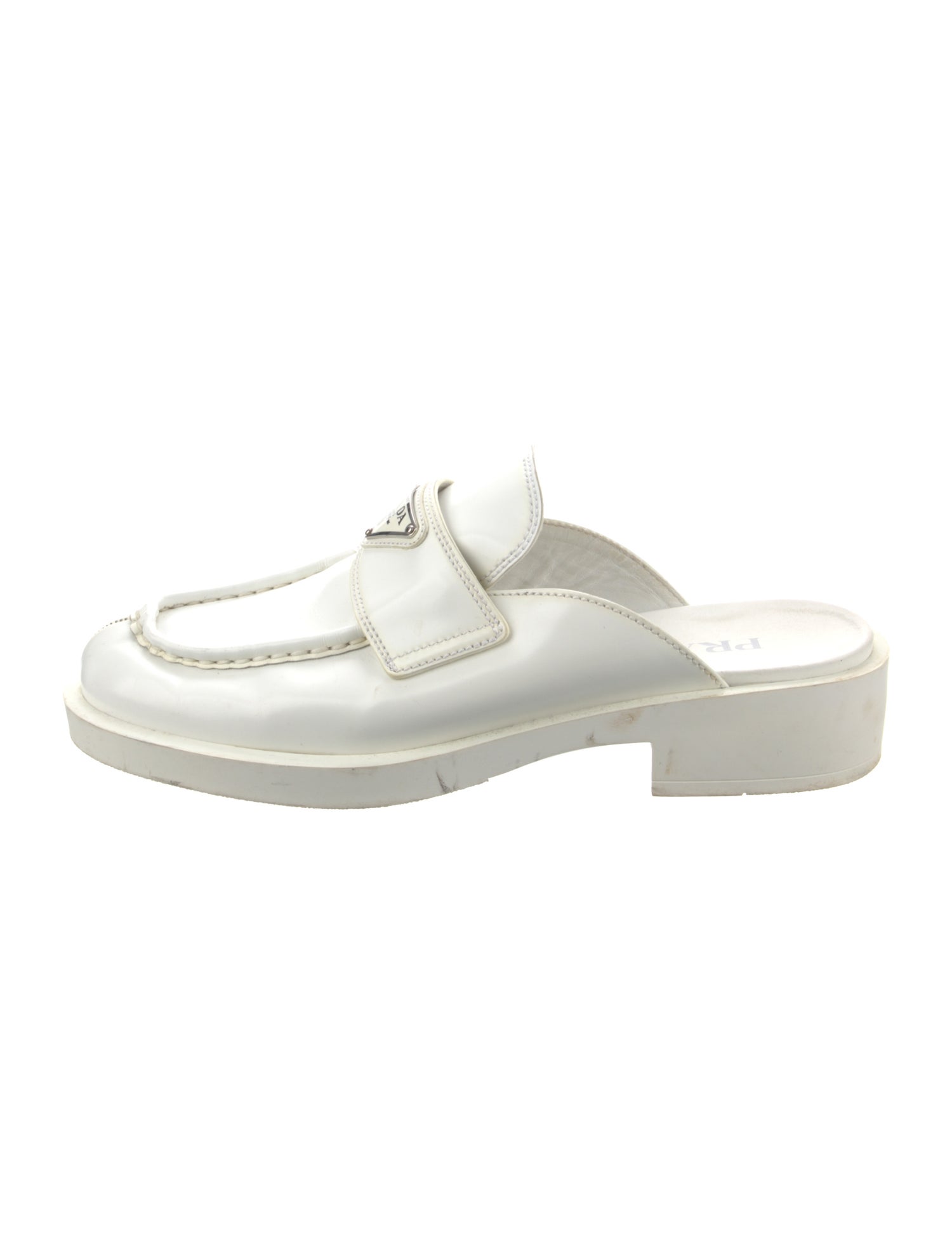 Prada Enameled Metal Triangle Leather Mules