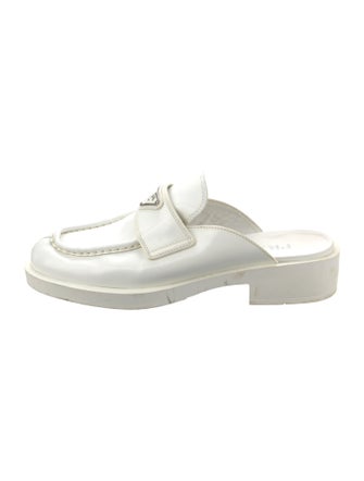 Prada Enameled Metal Triangle Leather Mules