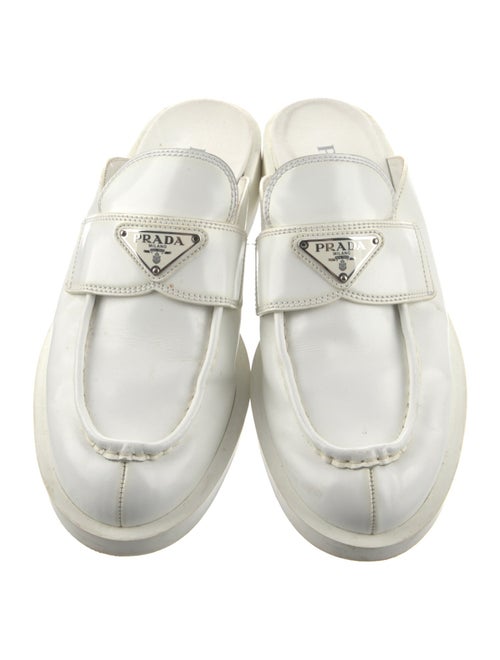 Prada Enameled Metal Triangle Leather Mules