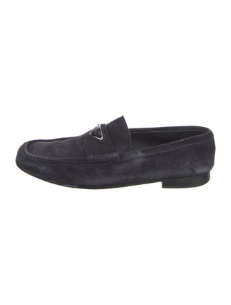 Prada Enameled Metal Triangle Suede Dress Loafers