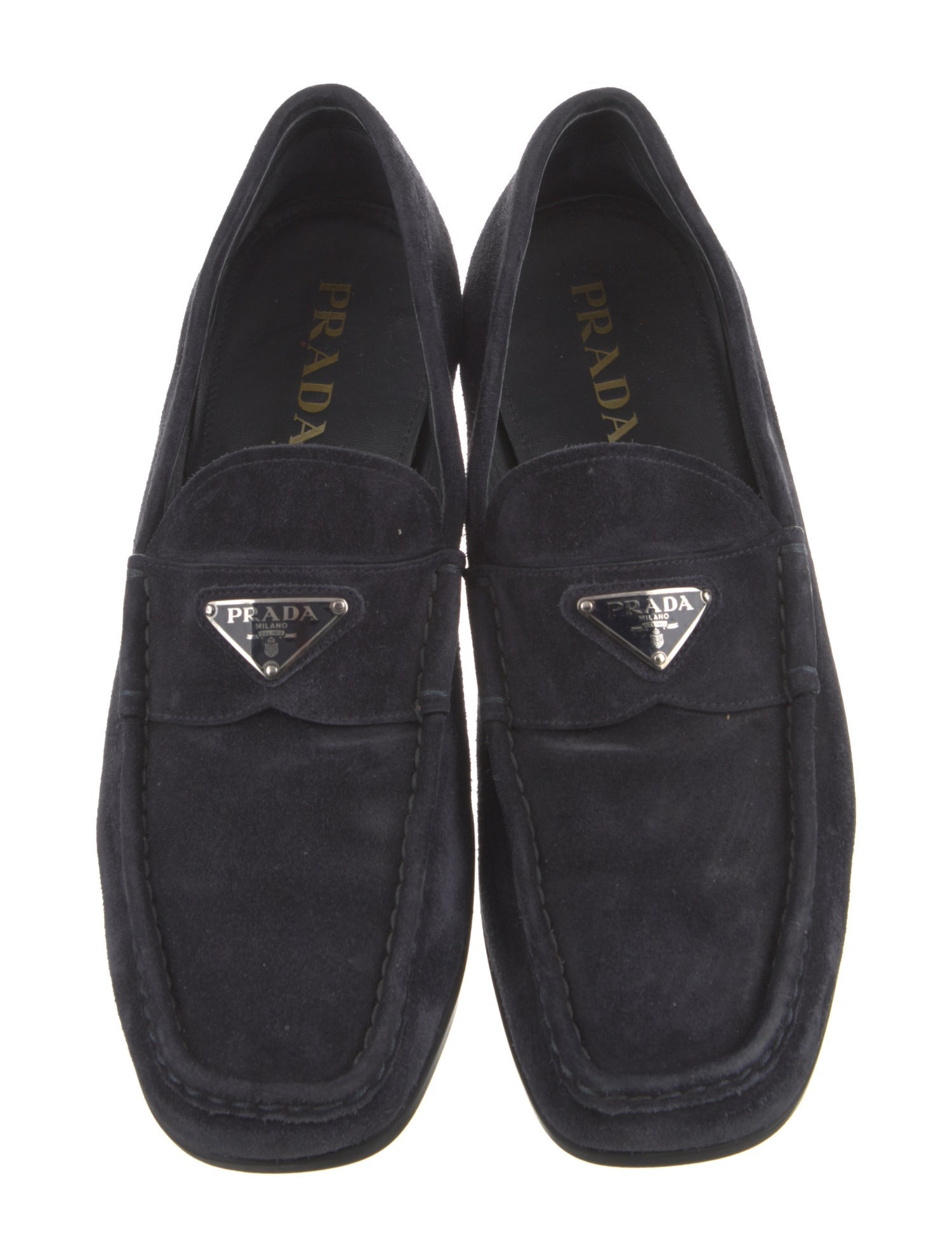 Prada Enameled Metal Triangle Suede Dress Loafers