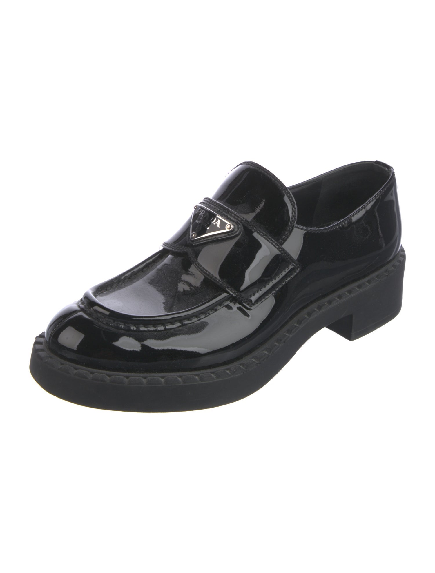 Prada Enameled Metal Triangle Patent Leather Loafers