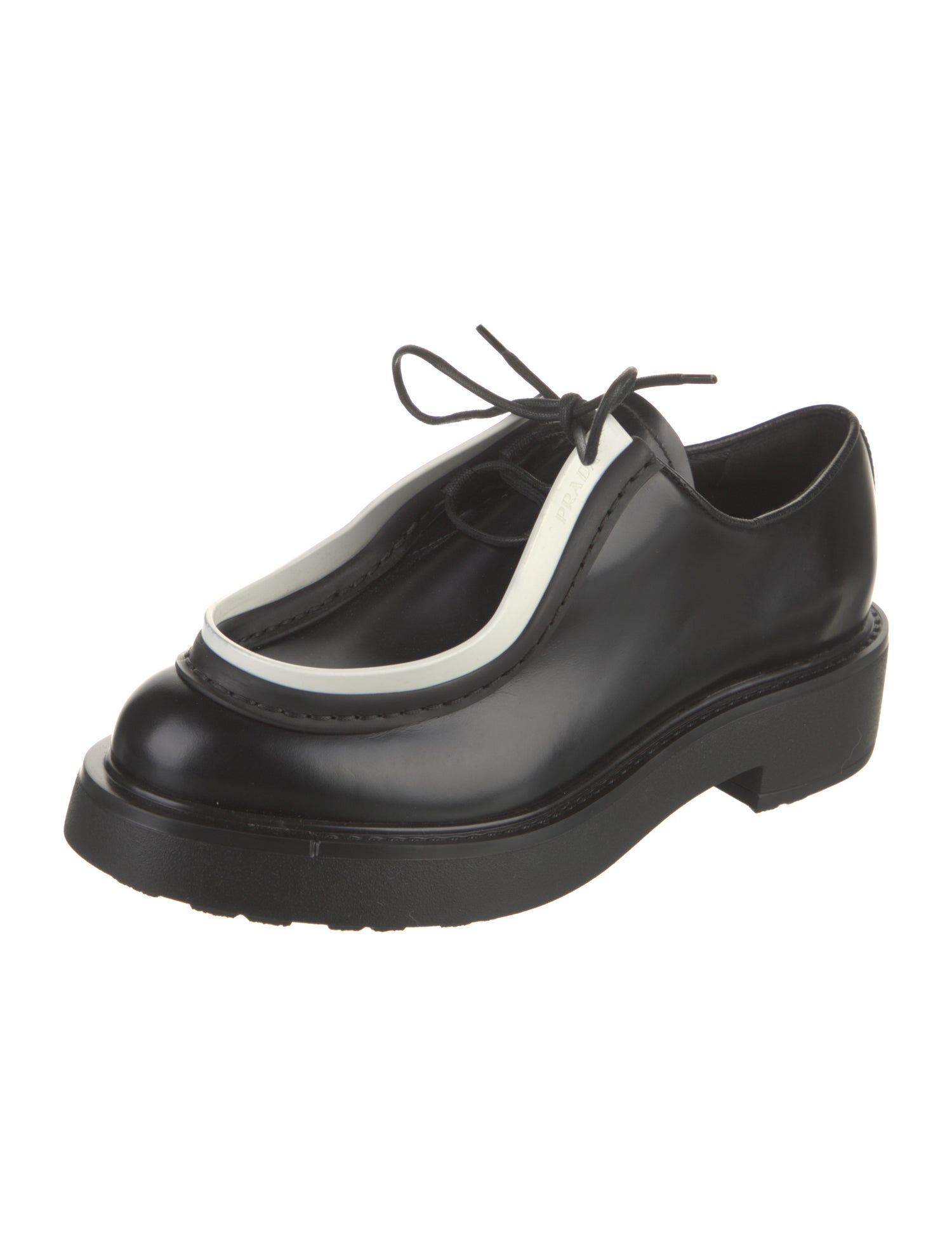 Prada Enameled Metal Triangle Leather Oxfords
