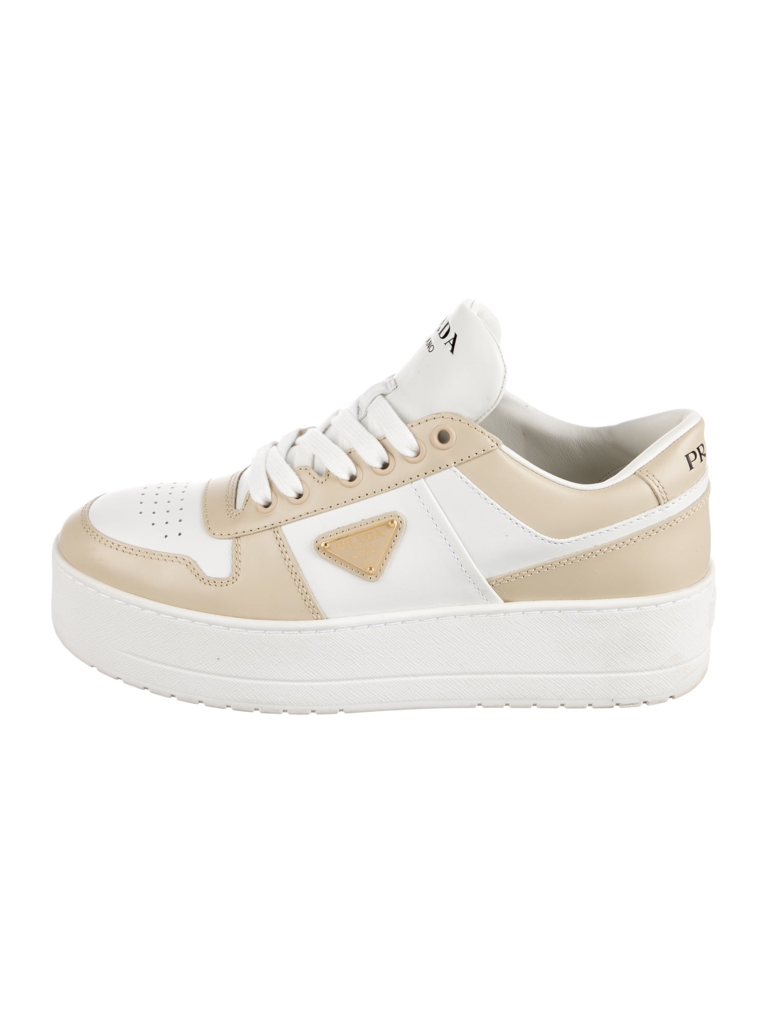 Prada Enameled Metal Triangle Leather Sneakers