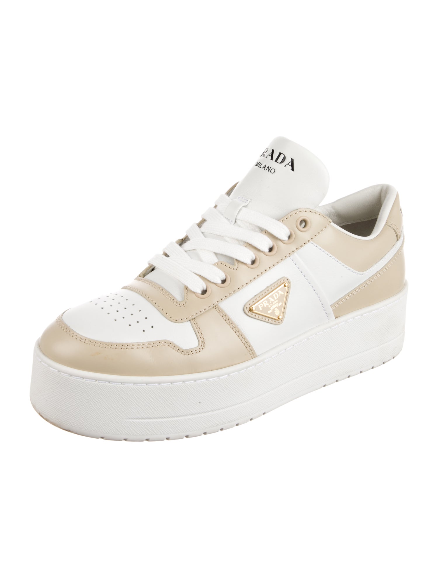 Prada Enameled Metal Triangle Leather Sneakers