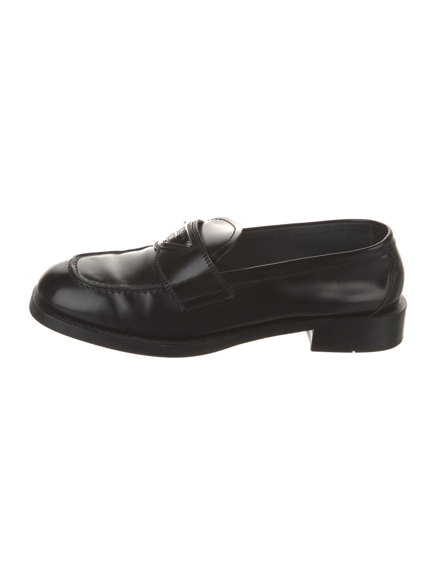 Prada Enameled Metal Triangle Leather Loafers