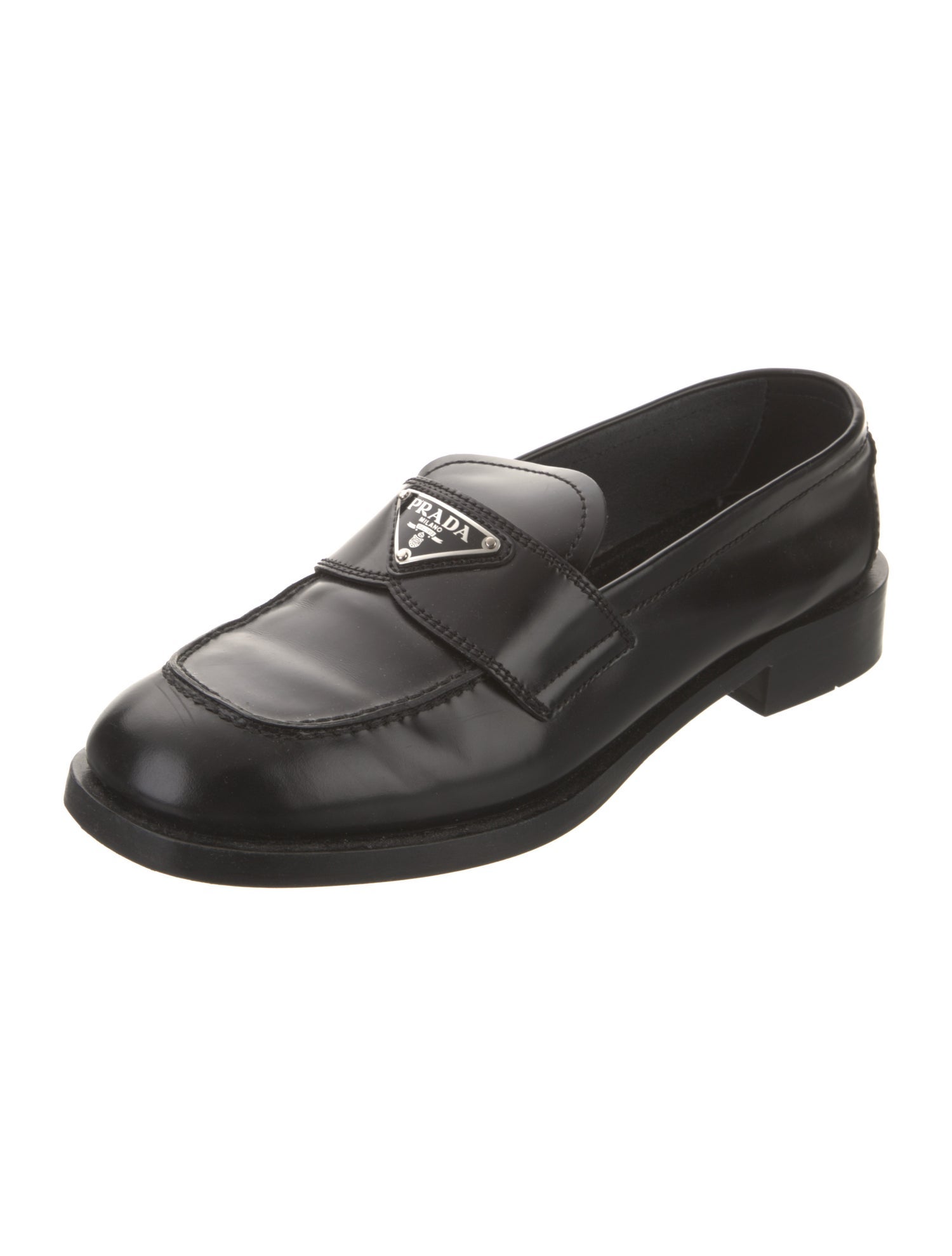 Prada Enameled Metal Triangle Leather Loafers