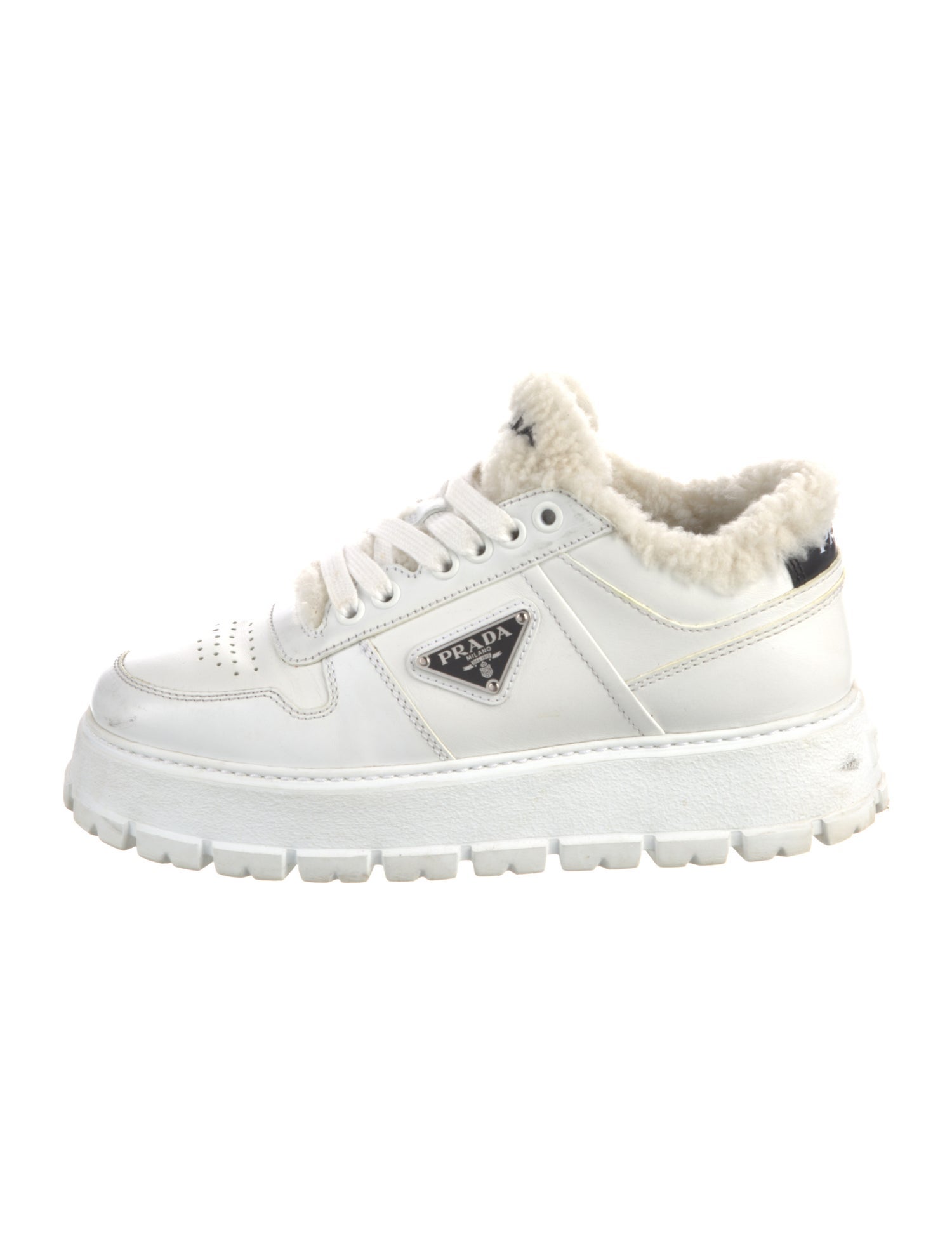 Prada Enameled Metal Triangle Leather Sneakers