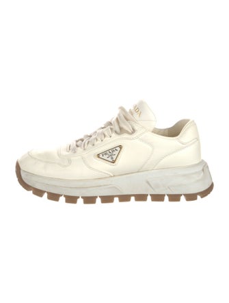 Prada Enameled Metal Triangle Leather Sneakers