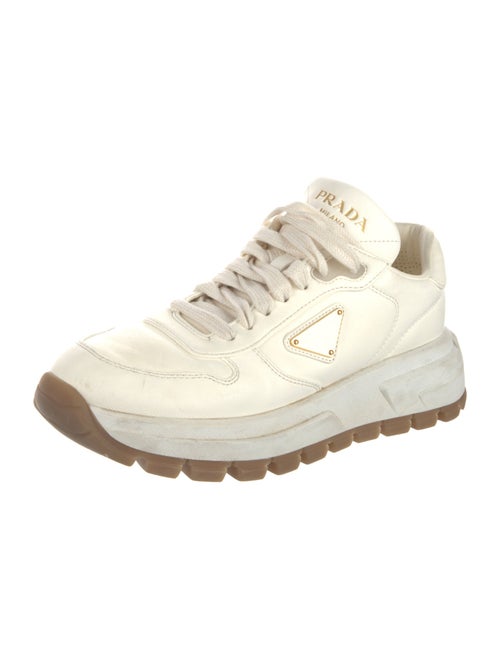 Prada Enameled Metal Triangle Leather Sneakers