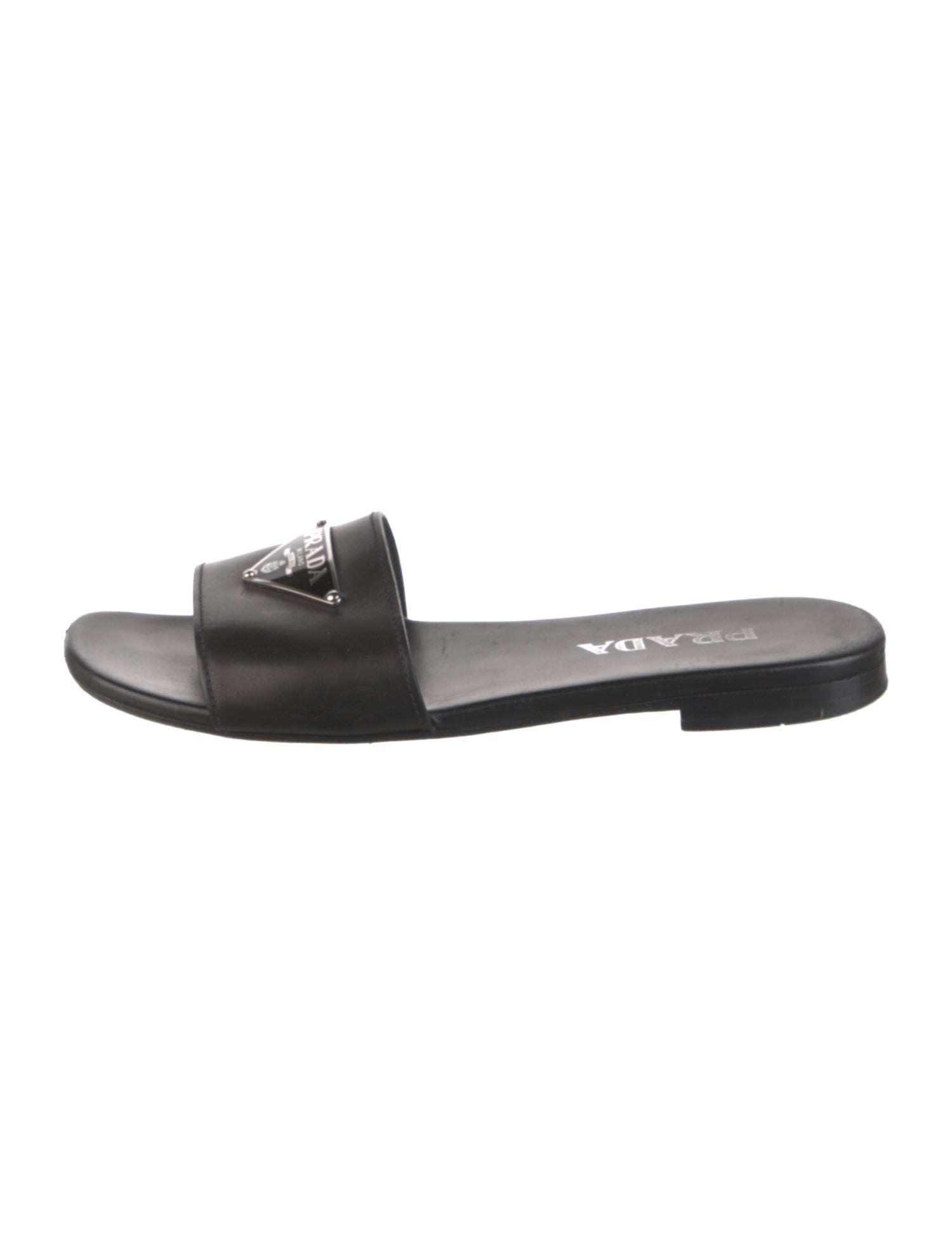 Prada Enameled Metal Triangle Leather Slides