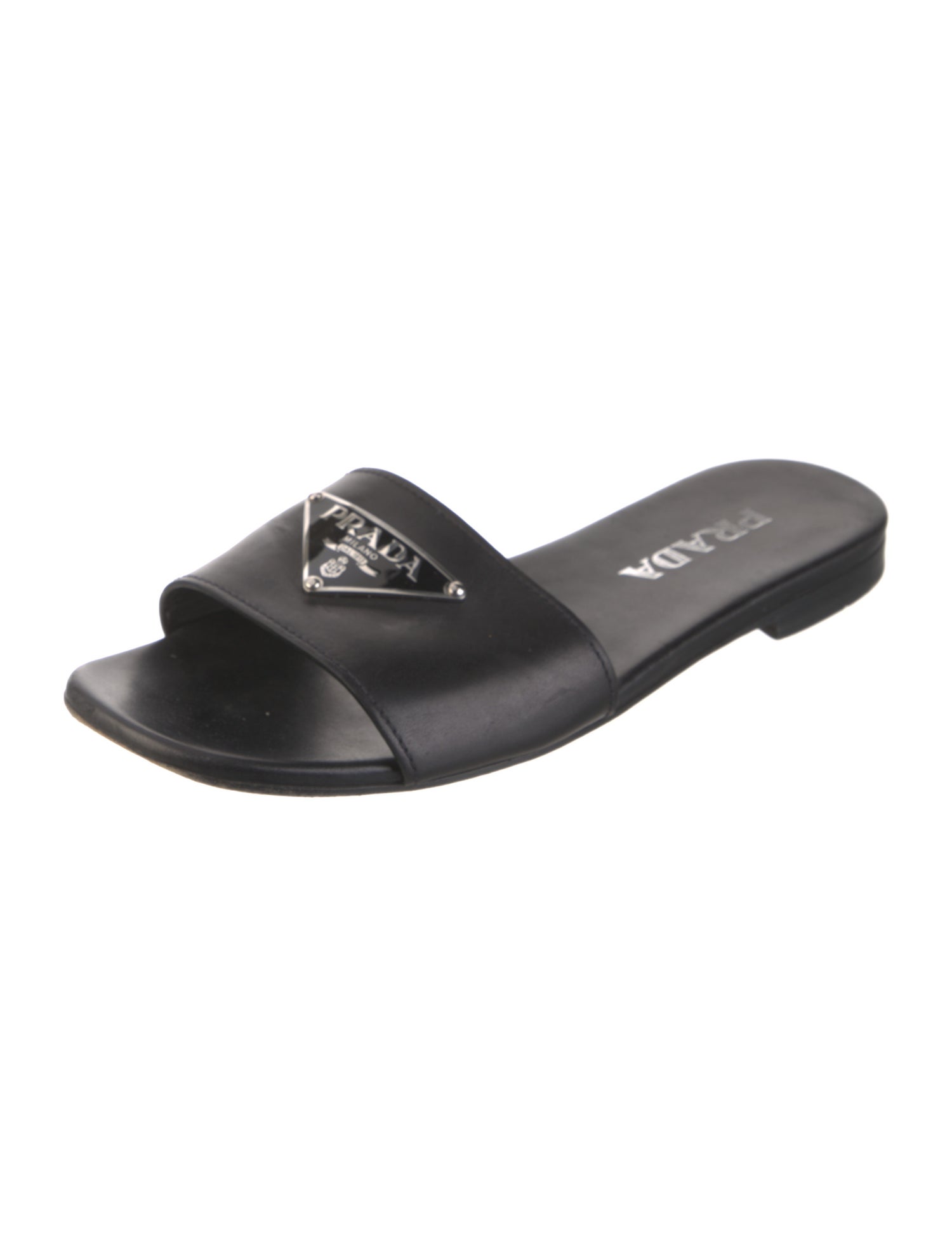 Prada Enameled Metal Triangle Leather Slides