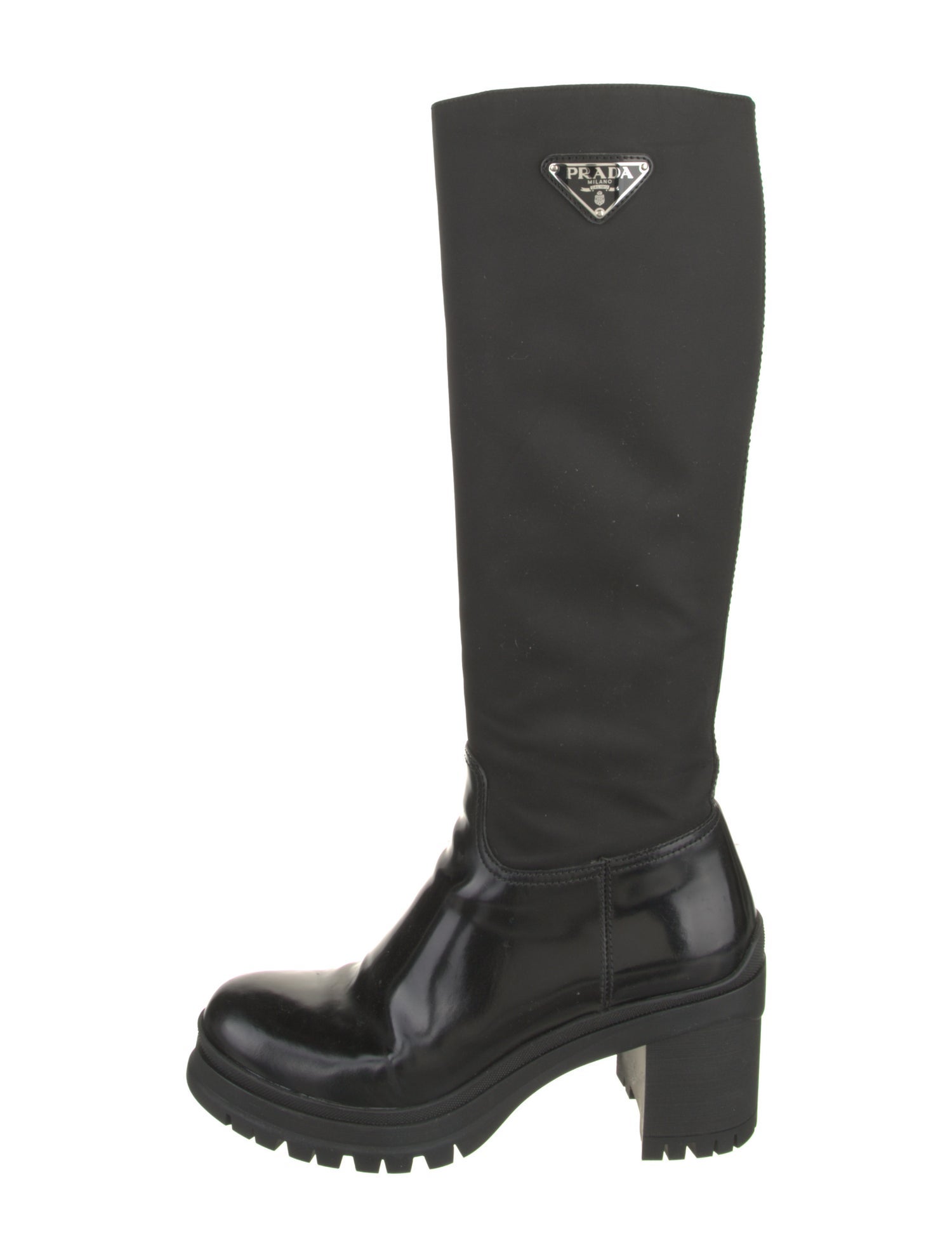 Prada Enameled Metal Triangle Leather Rain Boots