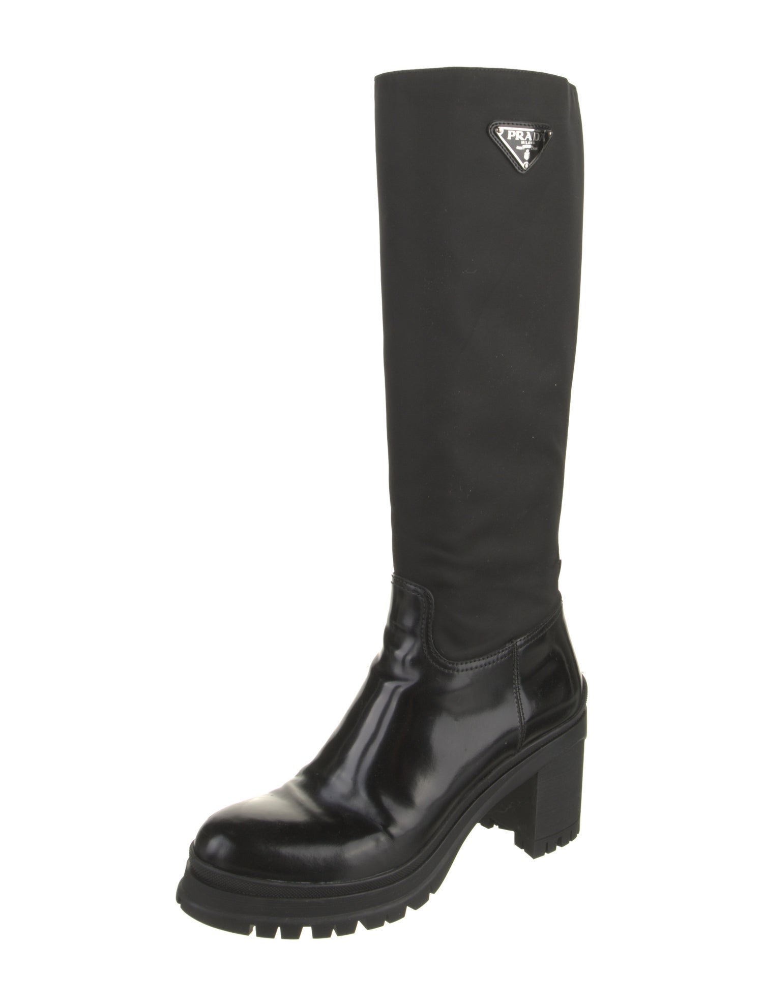 Prada Enameled Metal Triangle Leather Rain Boots
