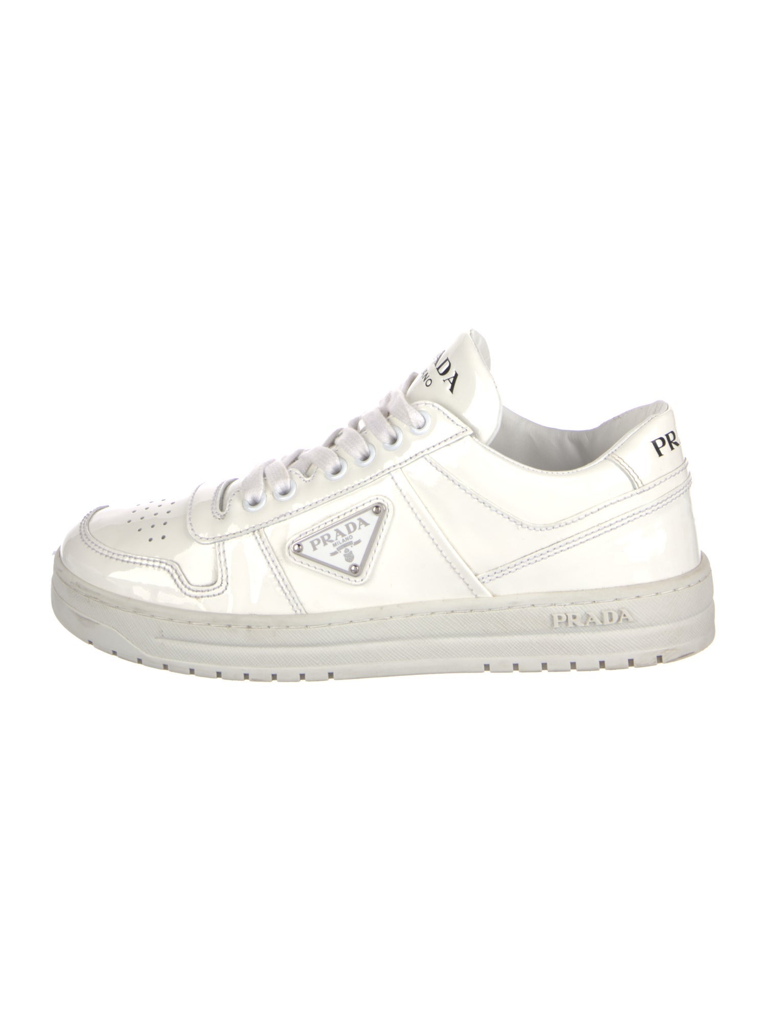 Prada Enameled Metal Triangle Patent Leather Sneakers