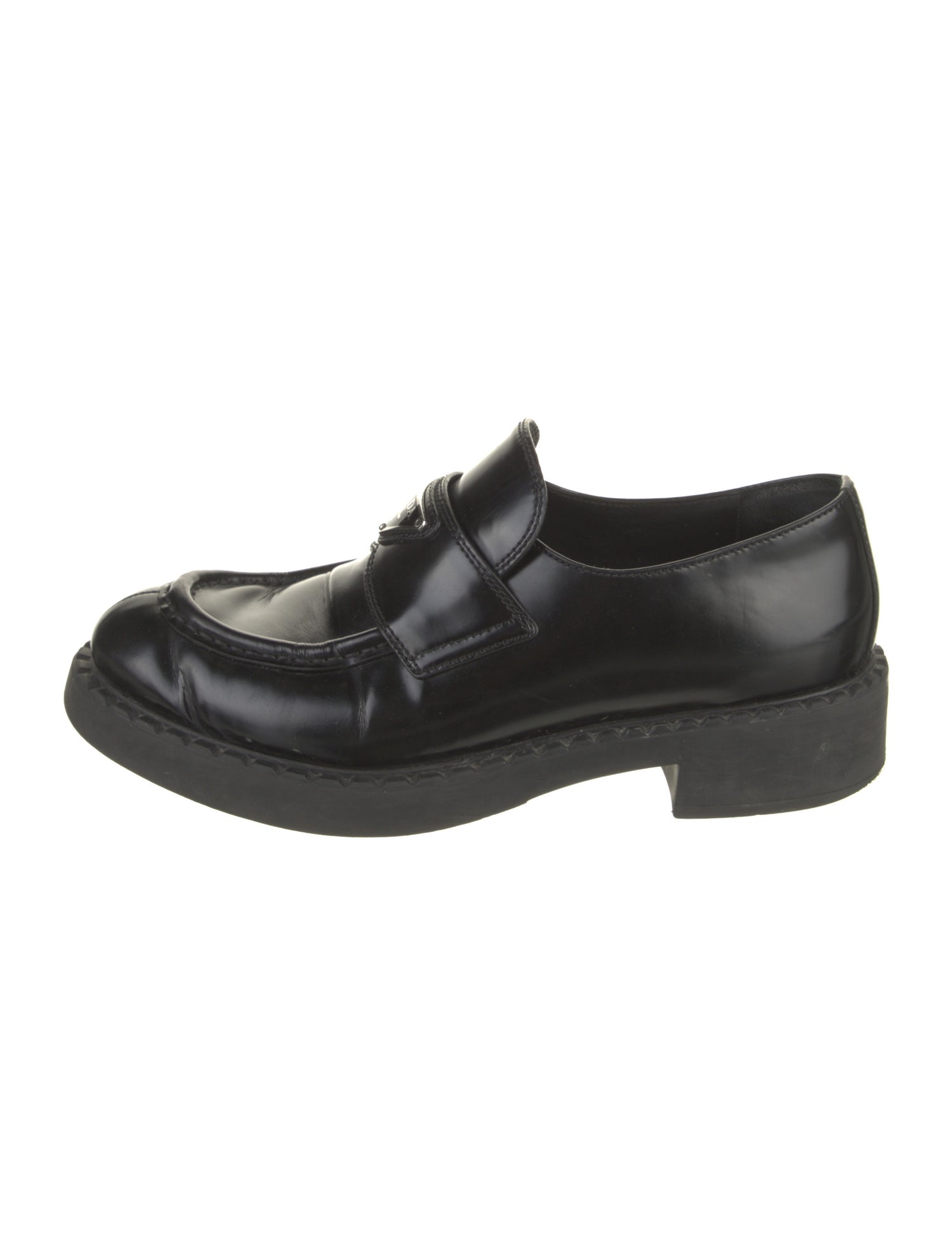 Prada Enameled Metal Triangle Leather Loafers